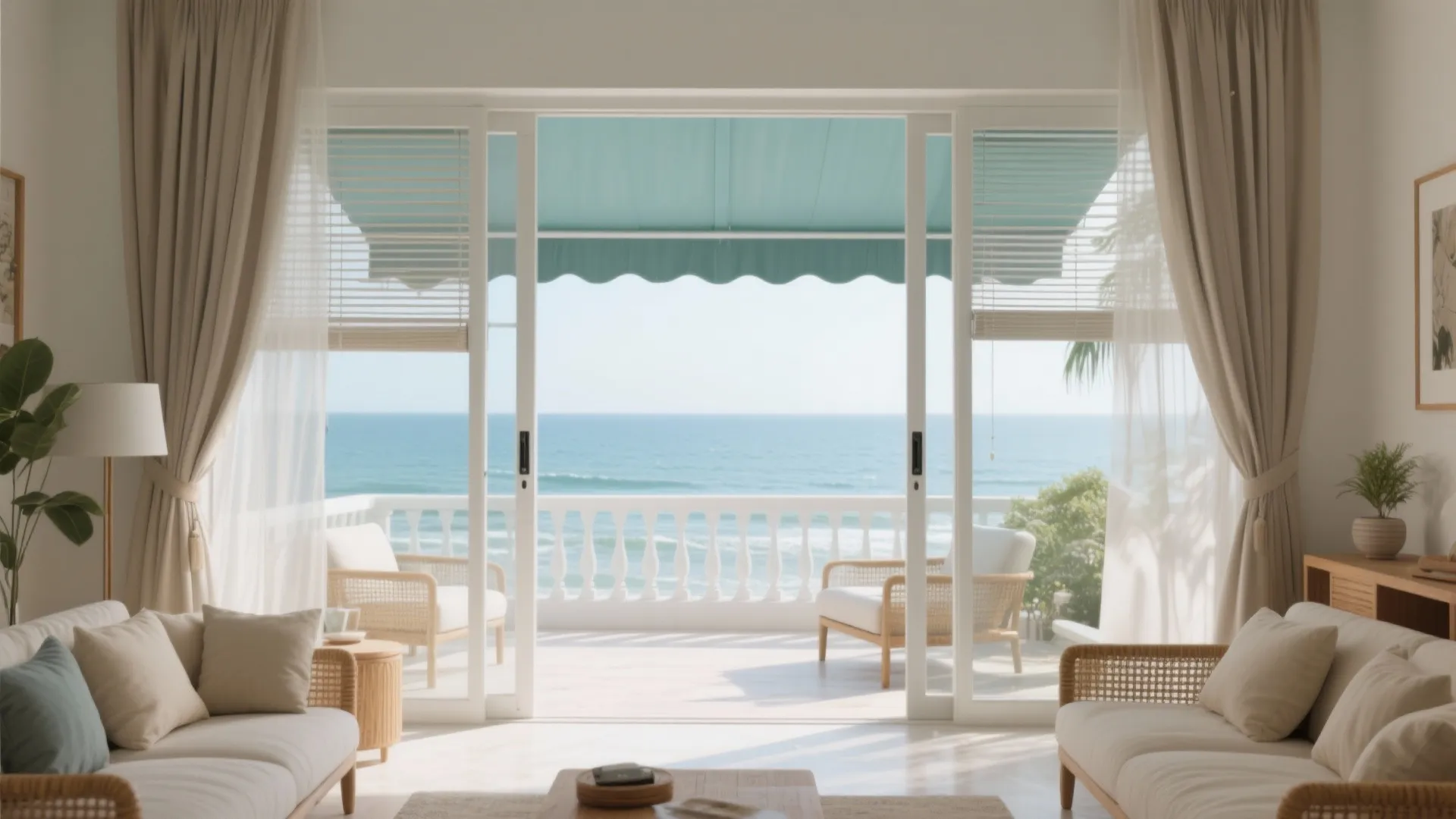 Cross-ventilated living room in an ECR beach house with deep veranda shade and low-E laminated glazing.