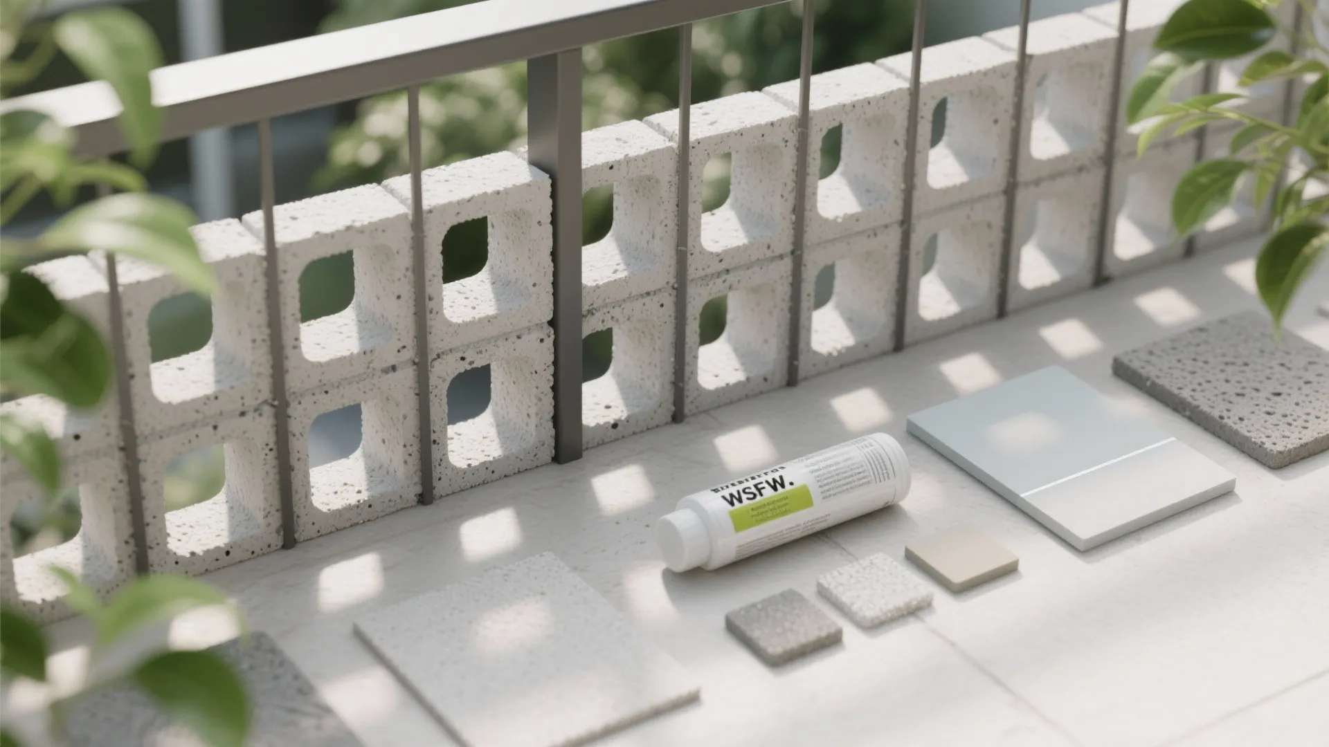 Concrete blocks with holes decorative wall materials and building samples displayed on a bright surface