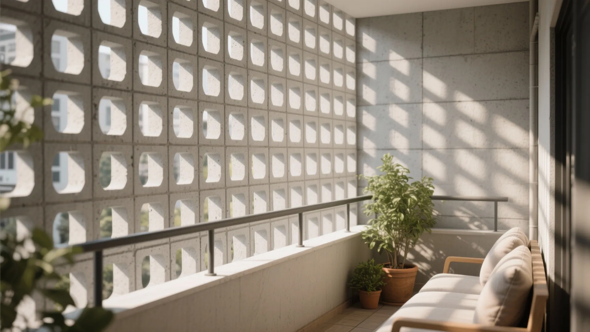Modern balcony with hollow block wall creating shadows on a white sofa and green plants
