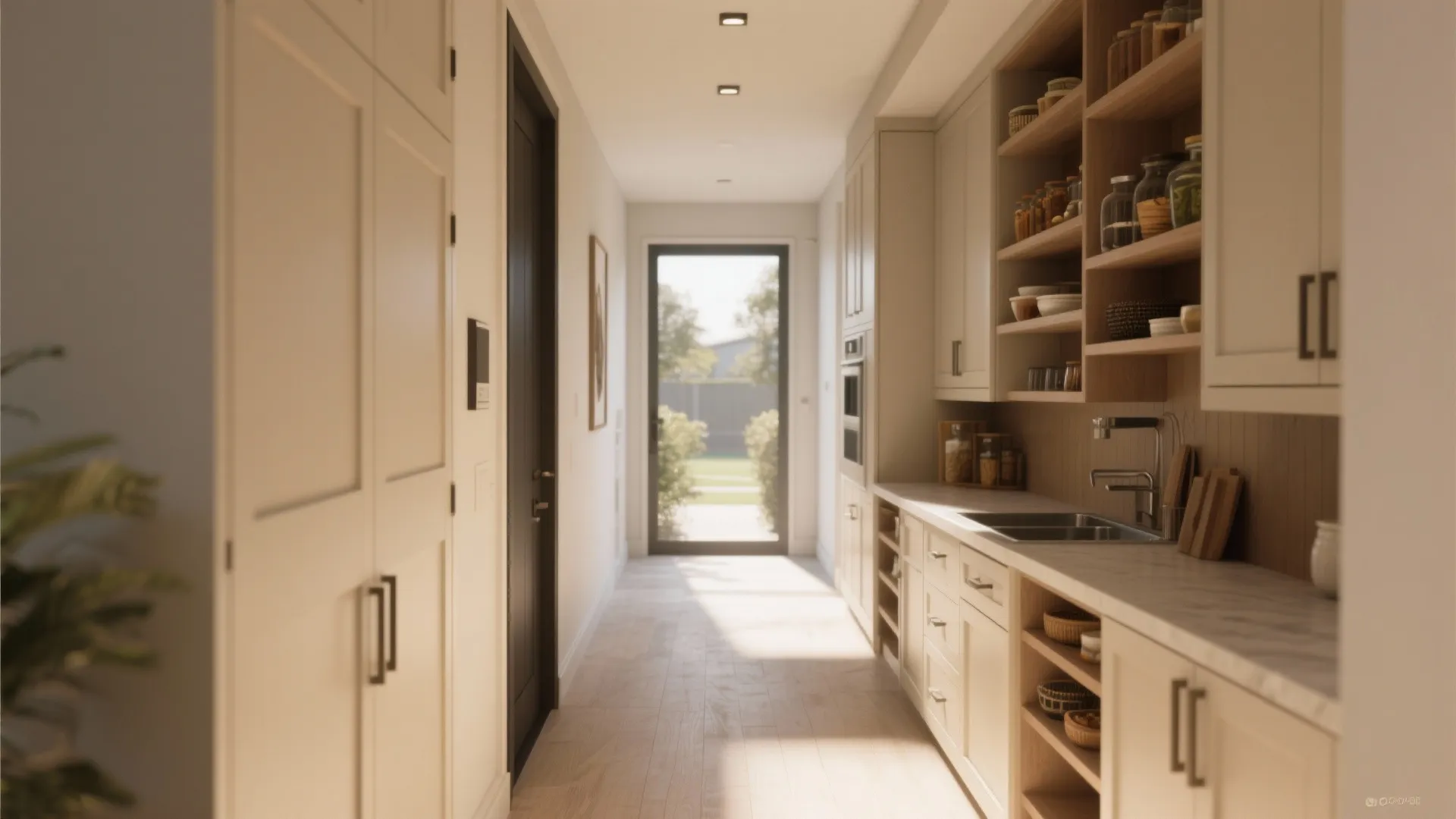 Breezeway with built-in storage cabinets and shelves