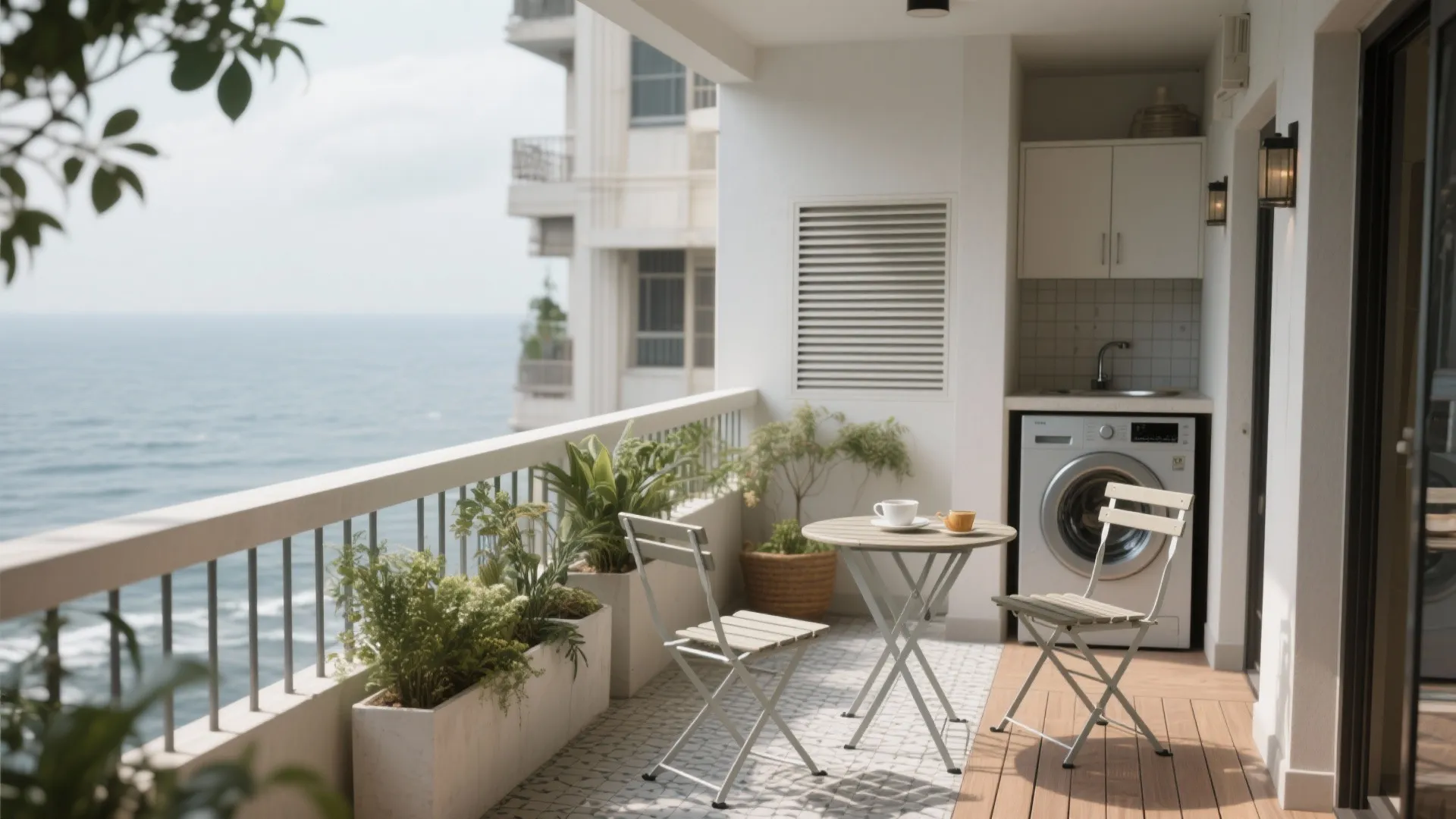 Modern balcony overlooking sea with white table chairs washing machine green plants and wooden floor