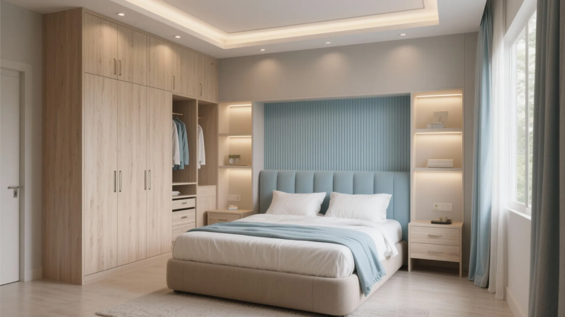 Bedrooms: built-in storage with breezy, calm palettes