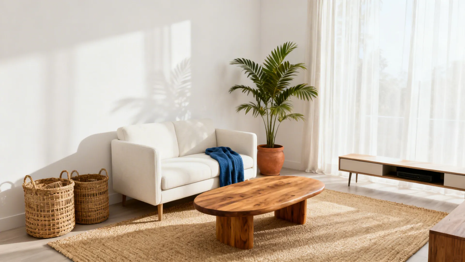 Small condo living room in warm whites with jute rug, rattan accents, and an indigo throw.