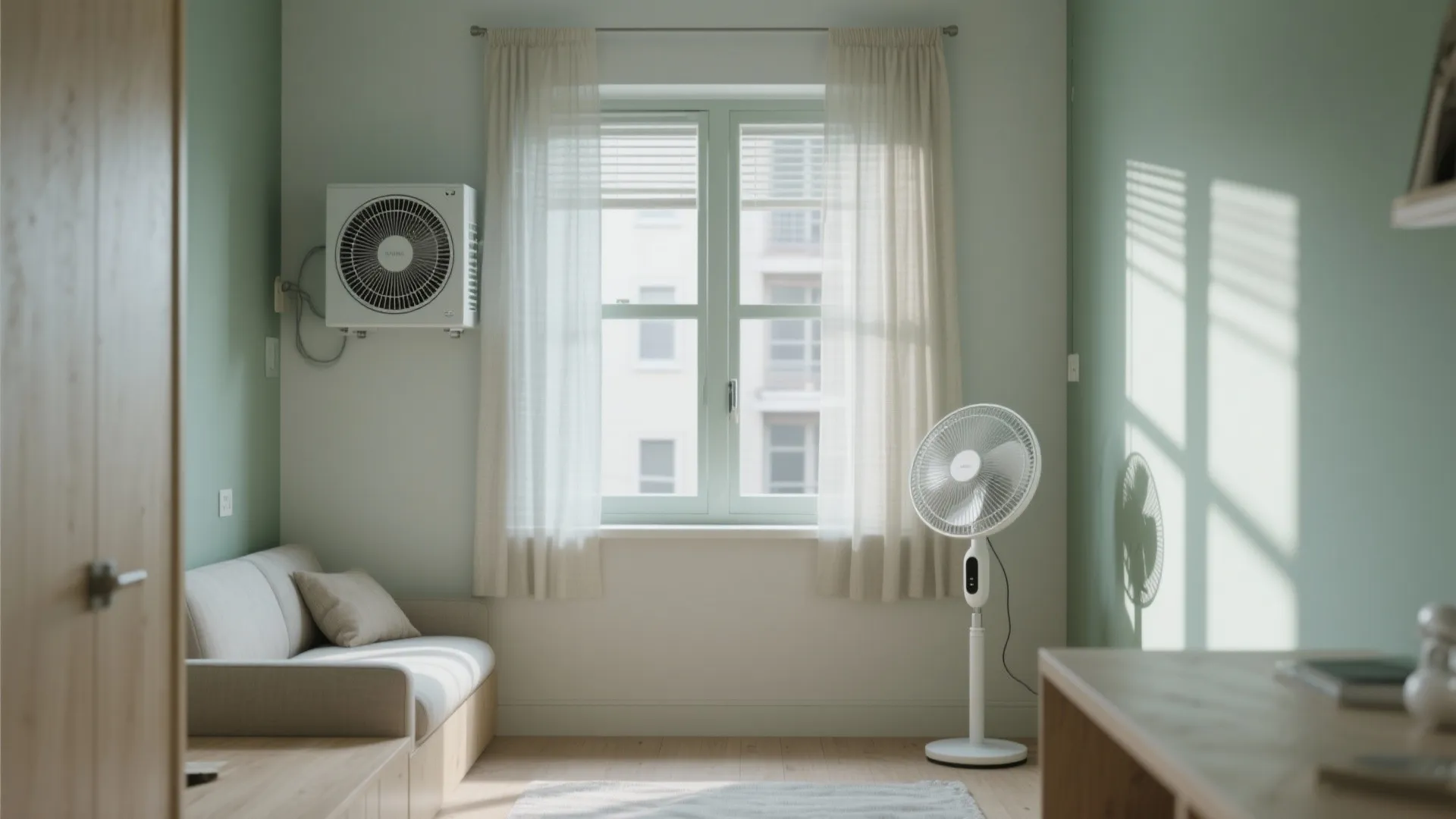 Minimalist green room featuring white curtains, small sofa, standing fan, and bright natural window light