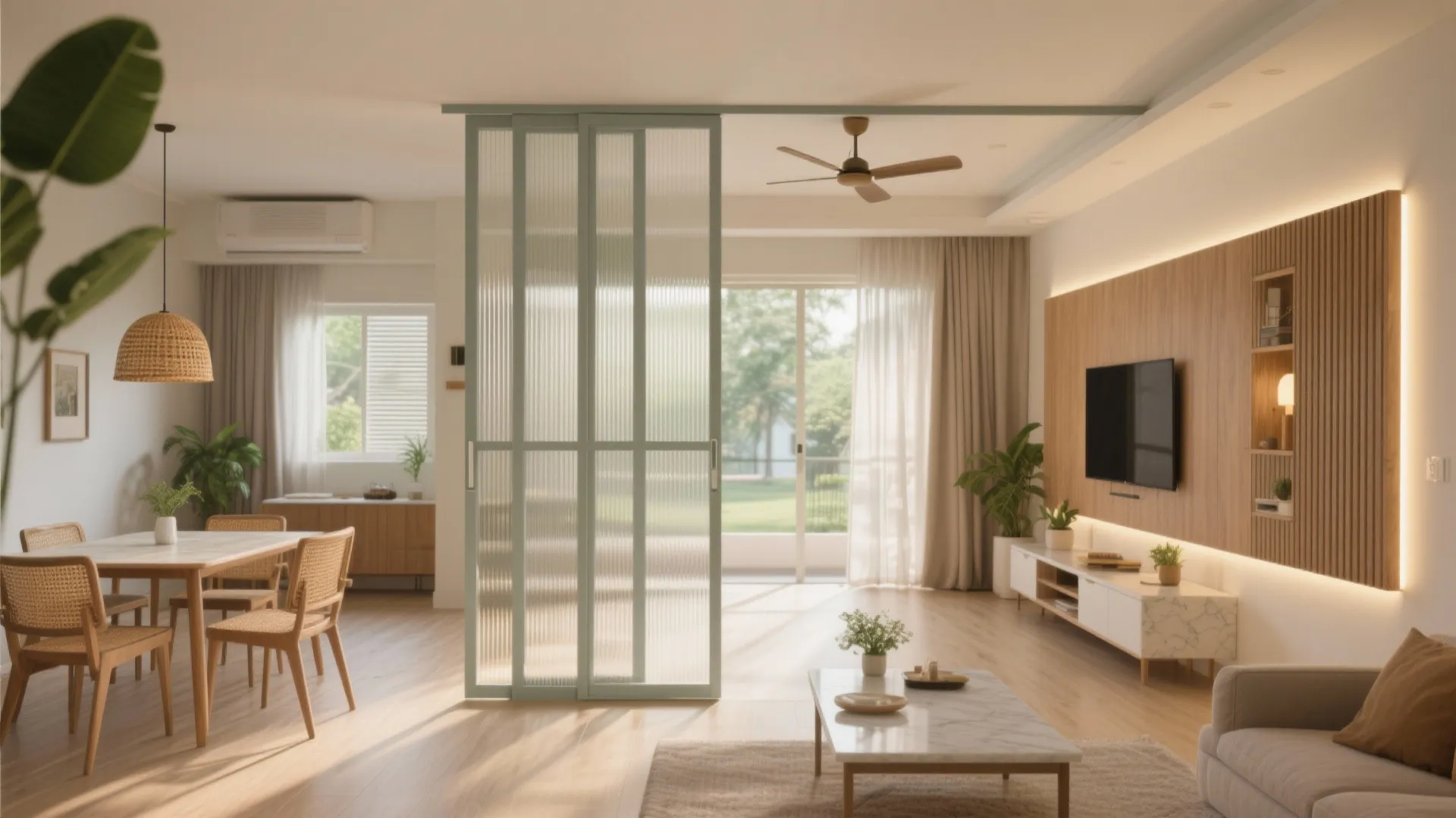 1) Breezy Living–Dining With Flexible Partitions