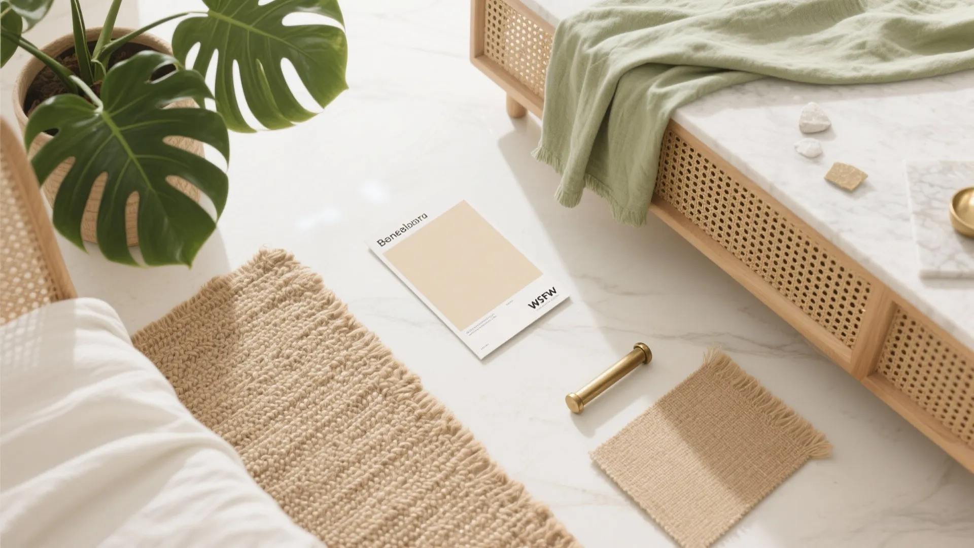 Breezy Bengaluru palette: light woods, cane, and plants