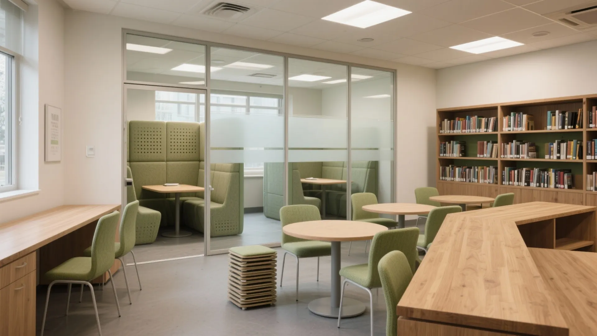 Modern office library with green chairs round wood tables bookshelves and glass wall private meeting pods