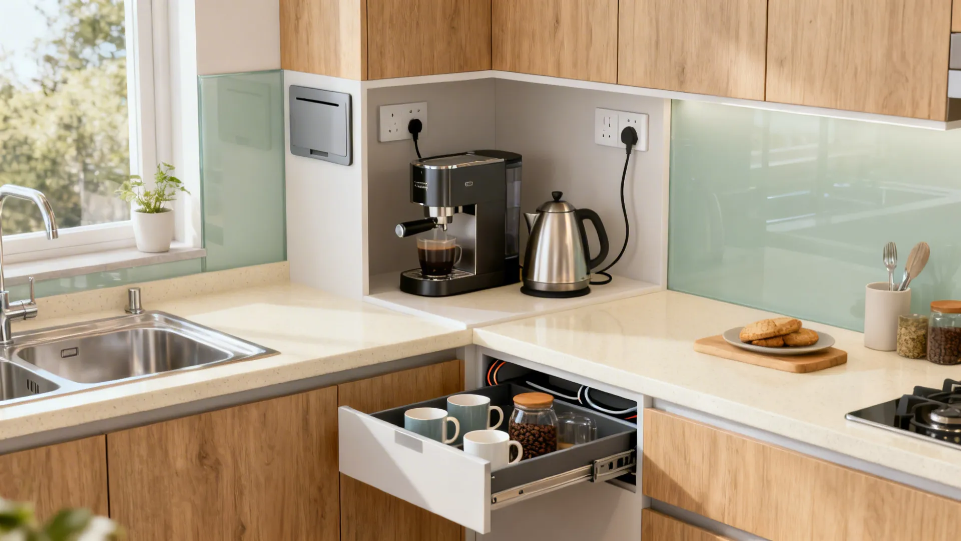 A 600 mm brew corner with dedicated sockets and organized drawers in a compact kitchen.