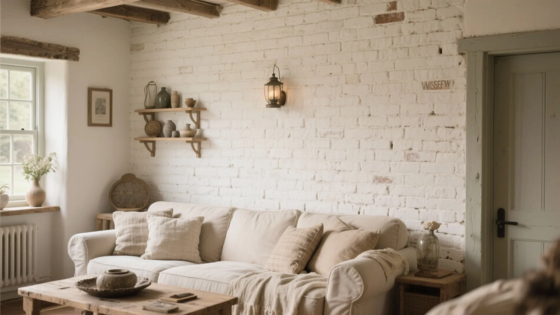 Cottage living room with white brick wall, wooden shelves, cream sofa, and vintage wall light