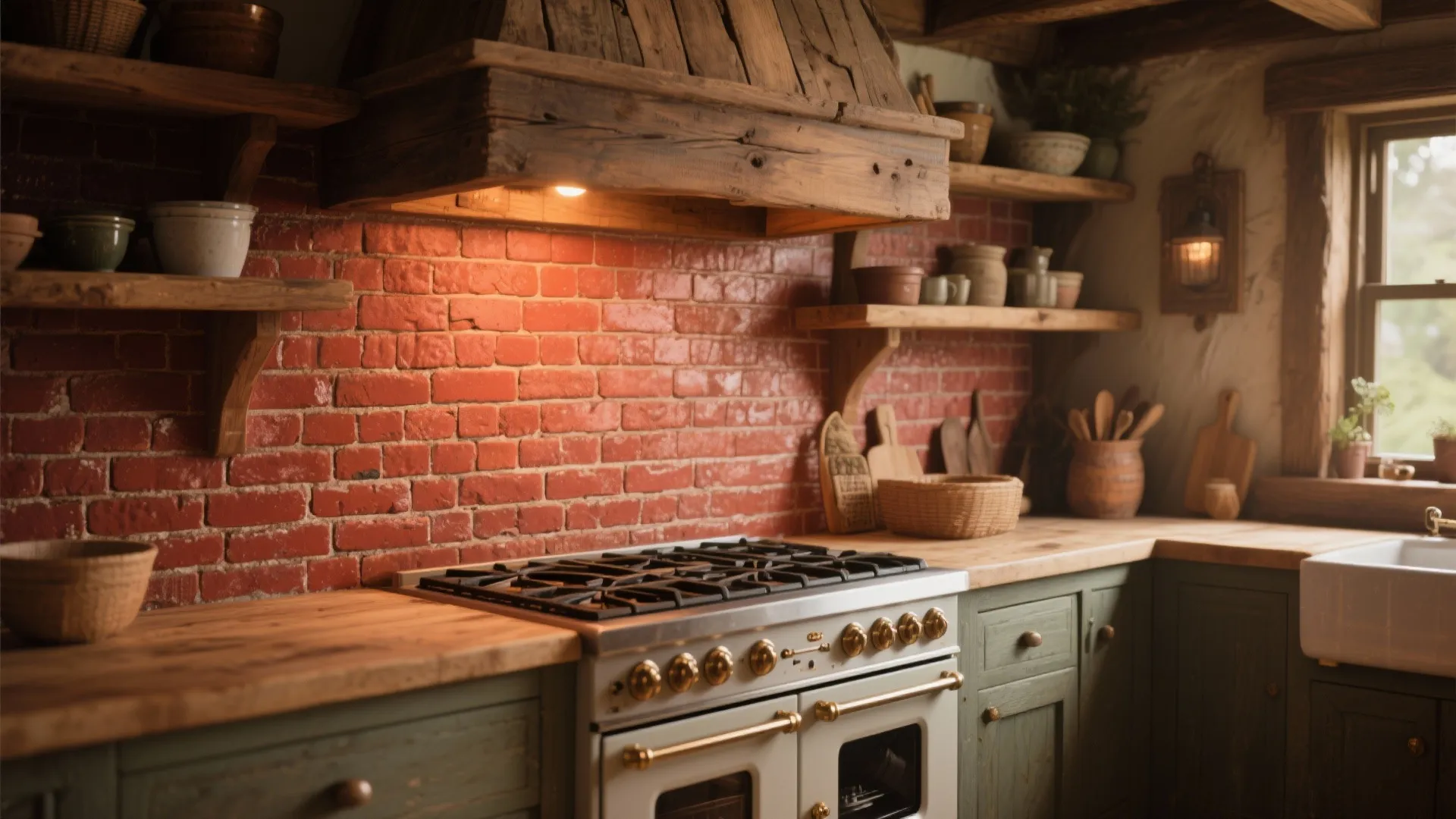 Country kitchen with red brick backsplash
