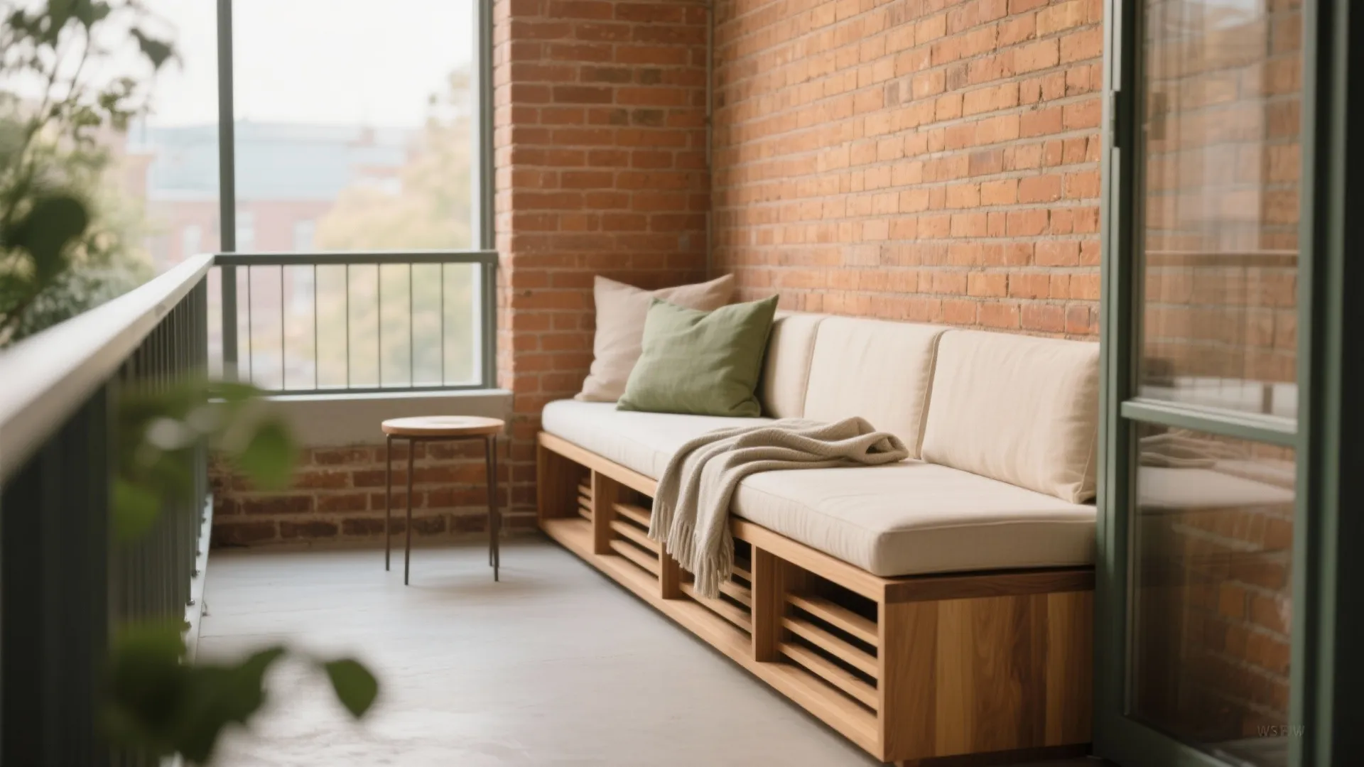 Modern balcony with a wooden bench, white cushions, green pillows, and an orange brick wall