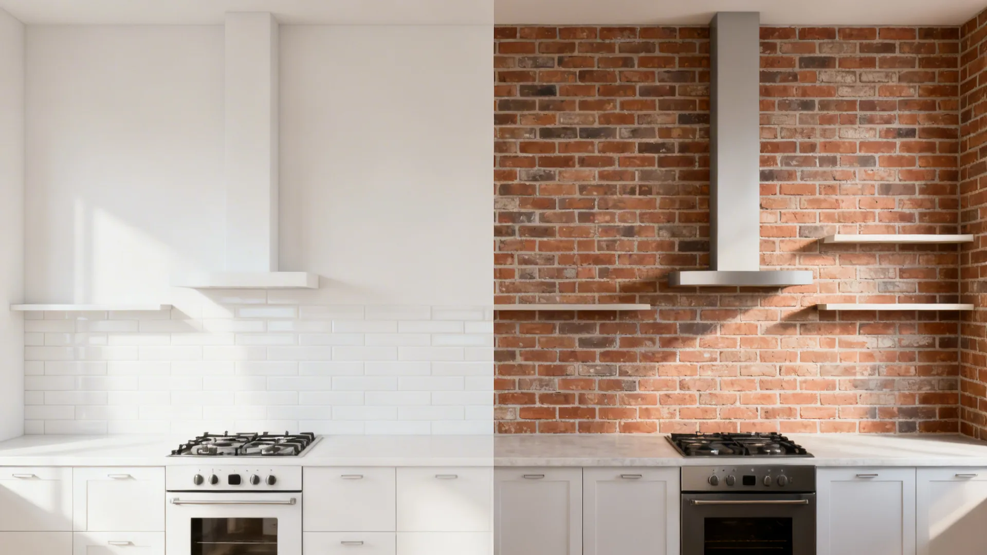 Before-and-after of a range wall from standard height to full-height brick tiling.