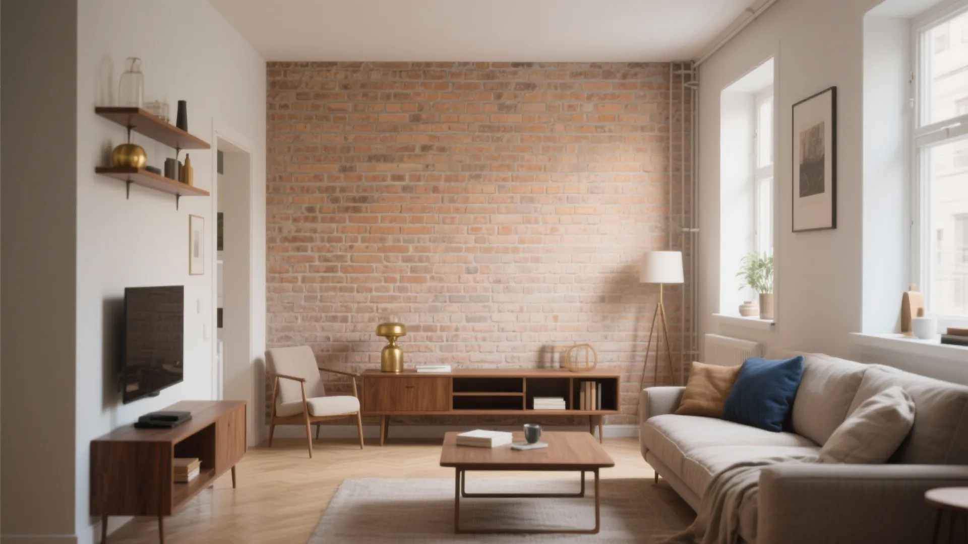 Modern living room with brick wall grey sofa wooden coffee table floor lamp and window view