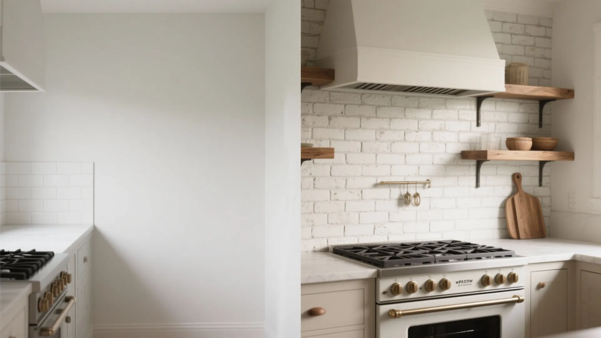 Side by side comparison of a plain white wall versus a decorative white brick kitchen wall