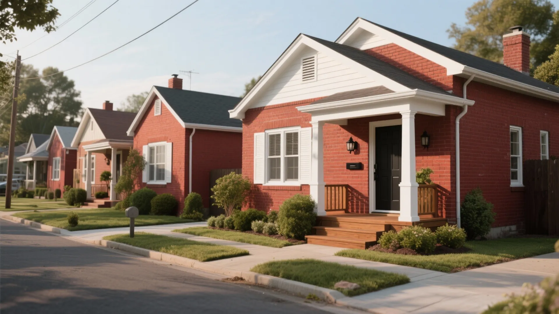Row of red brick houses with white trim small porches and green lawns along street