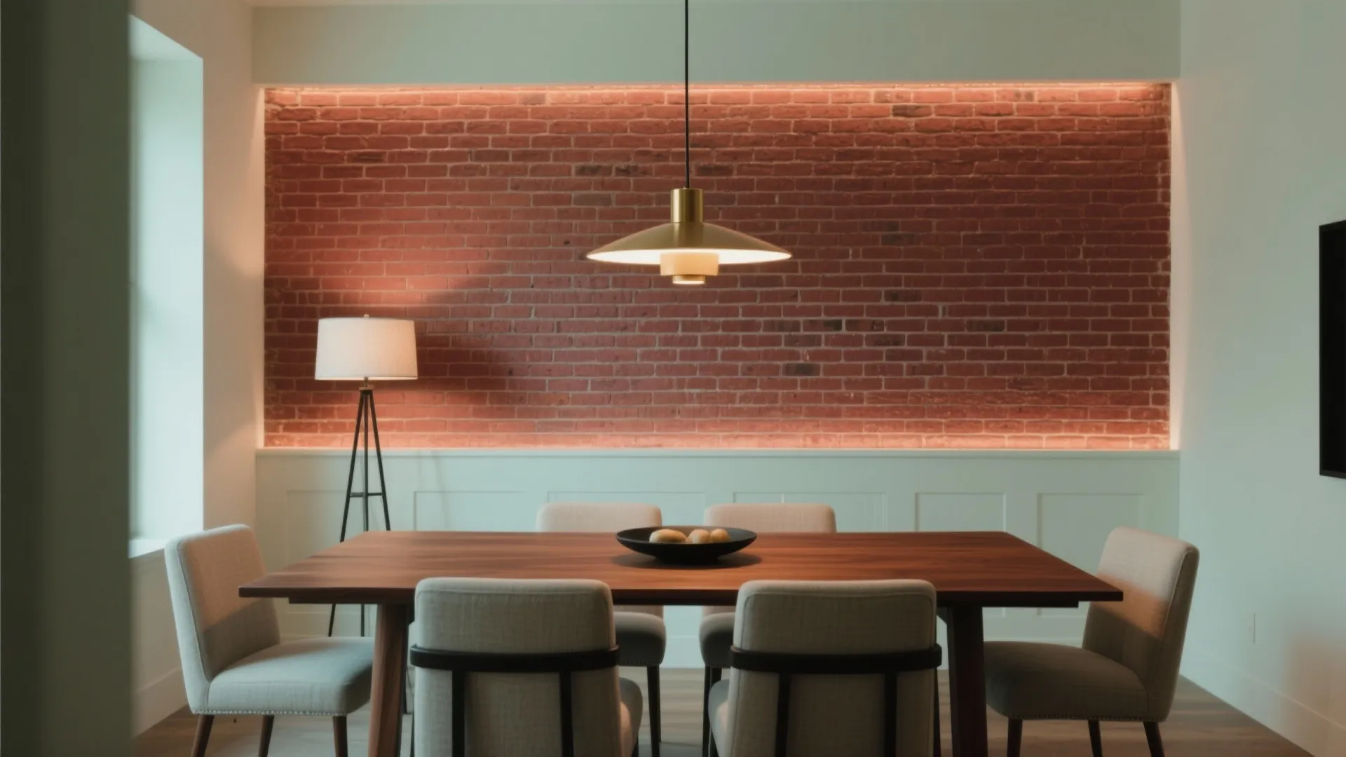 Dining room with red brick wall white wall panel wooden table and gold ceiling light