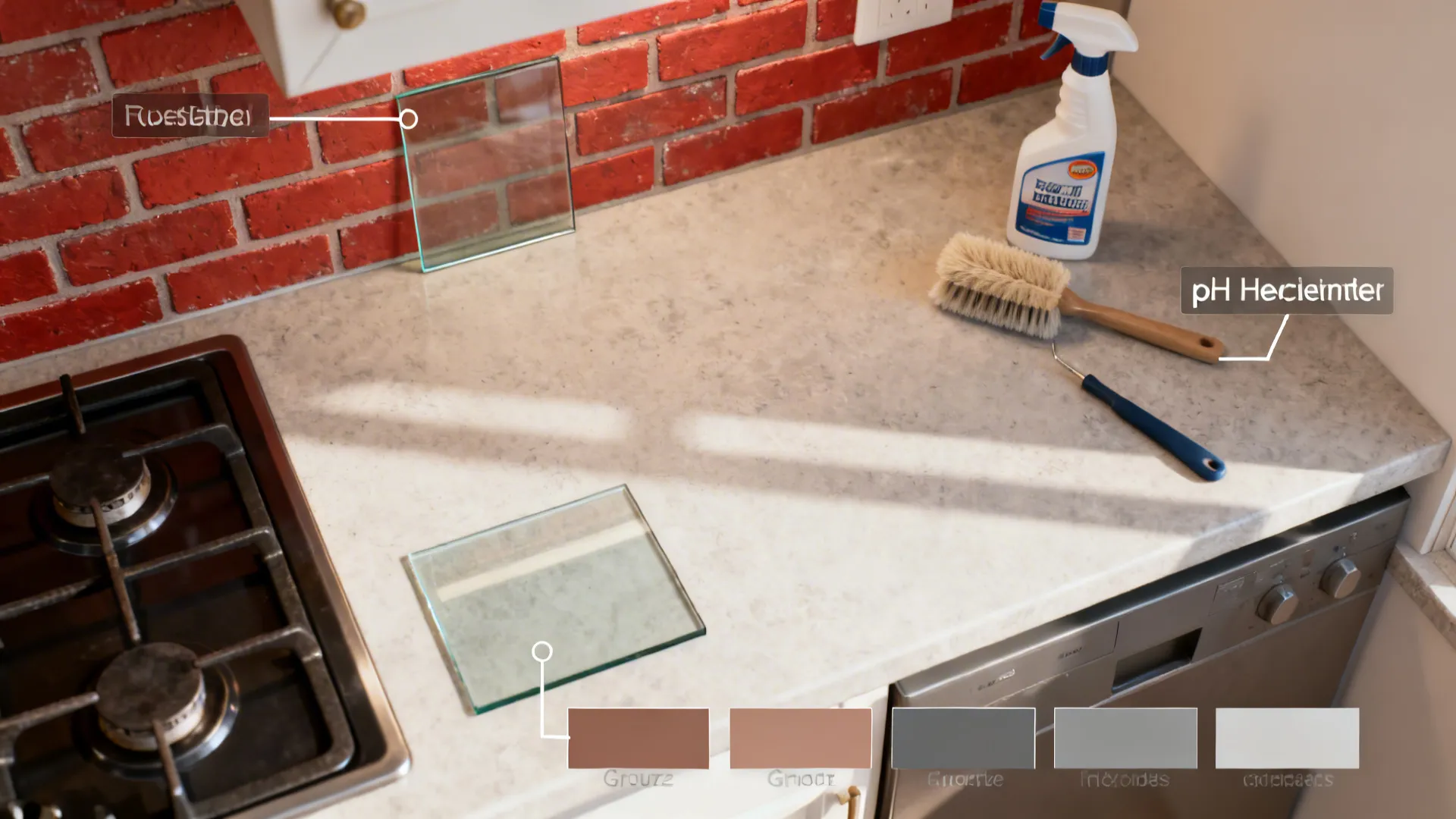 Top-down view of red brick backsplash samples, glass panel, grout swatches, and cleaning tools on a counter.