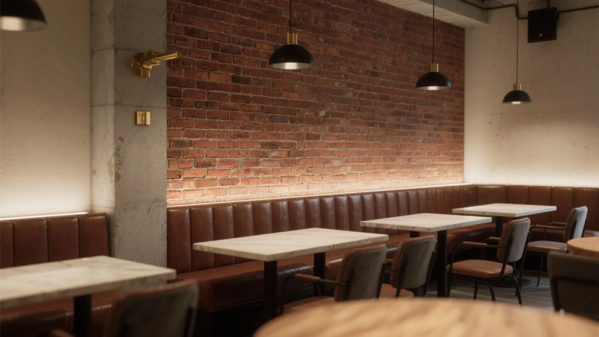 Industrial brick feature wall in a small urban restaurant with banquettes and warm ambient lighting.
