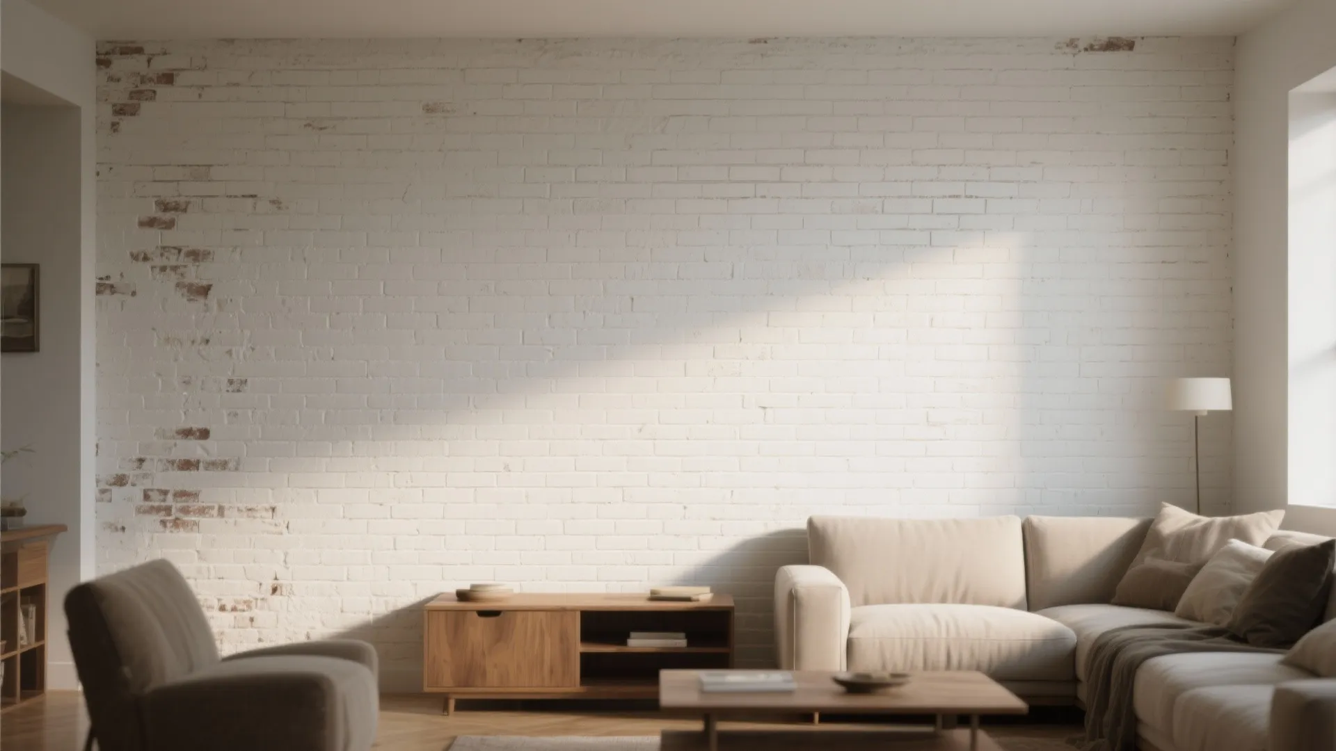 Interior showing a single white painted brick feature wall with warm wood furniture and soft daylight.