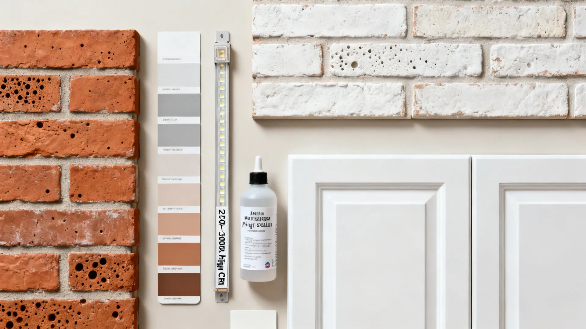 Flat lay of brick tiles, grout swatches, matte sealer, and warm LED lighting samples.