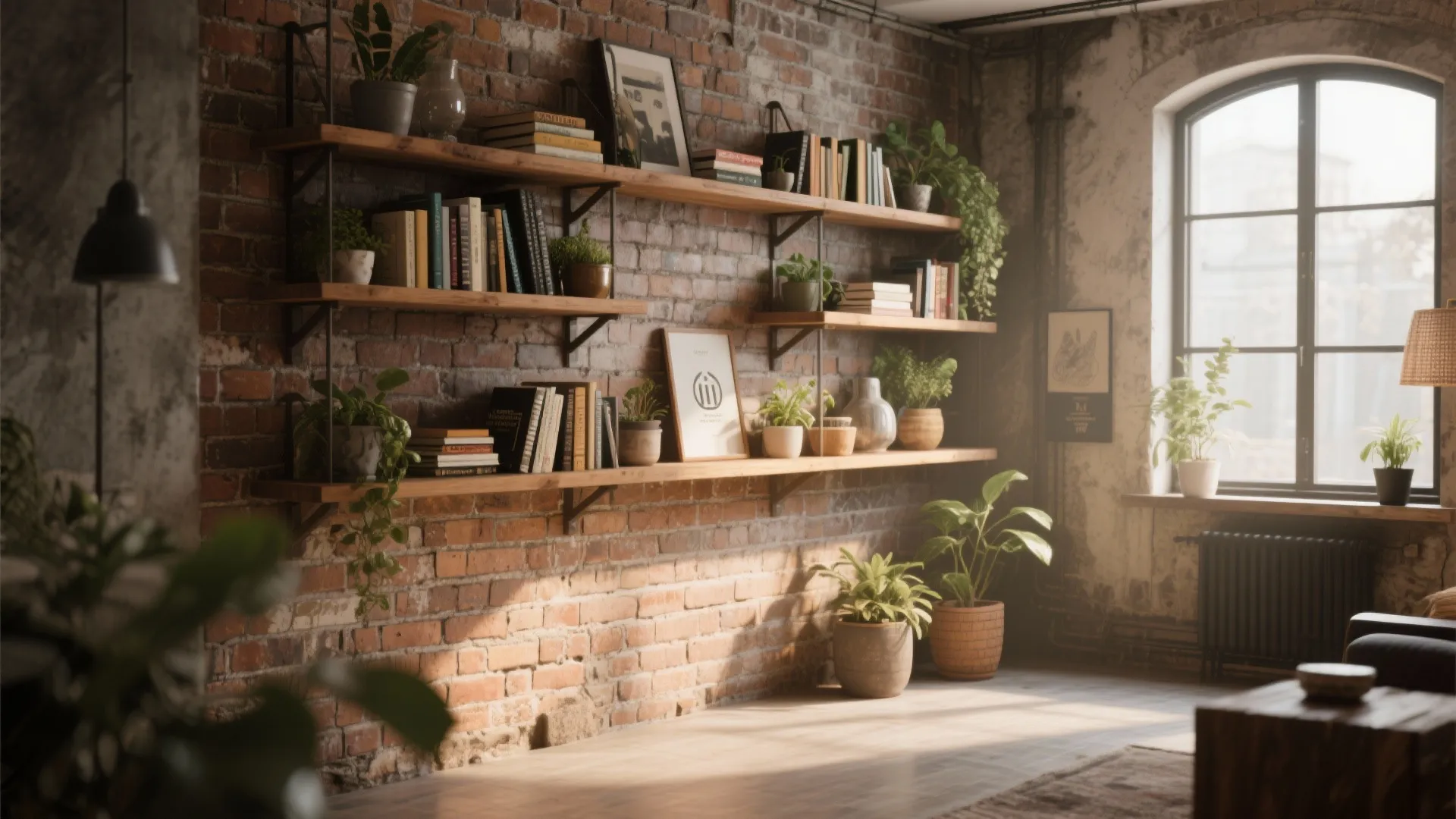 Brick wall with wooden floating shelves and decor items