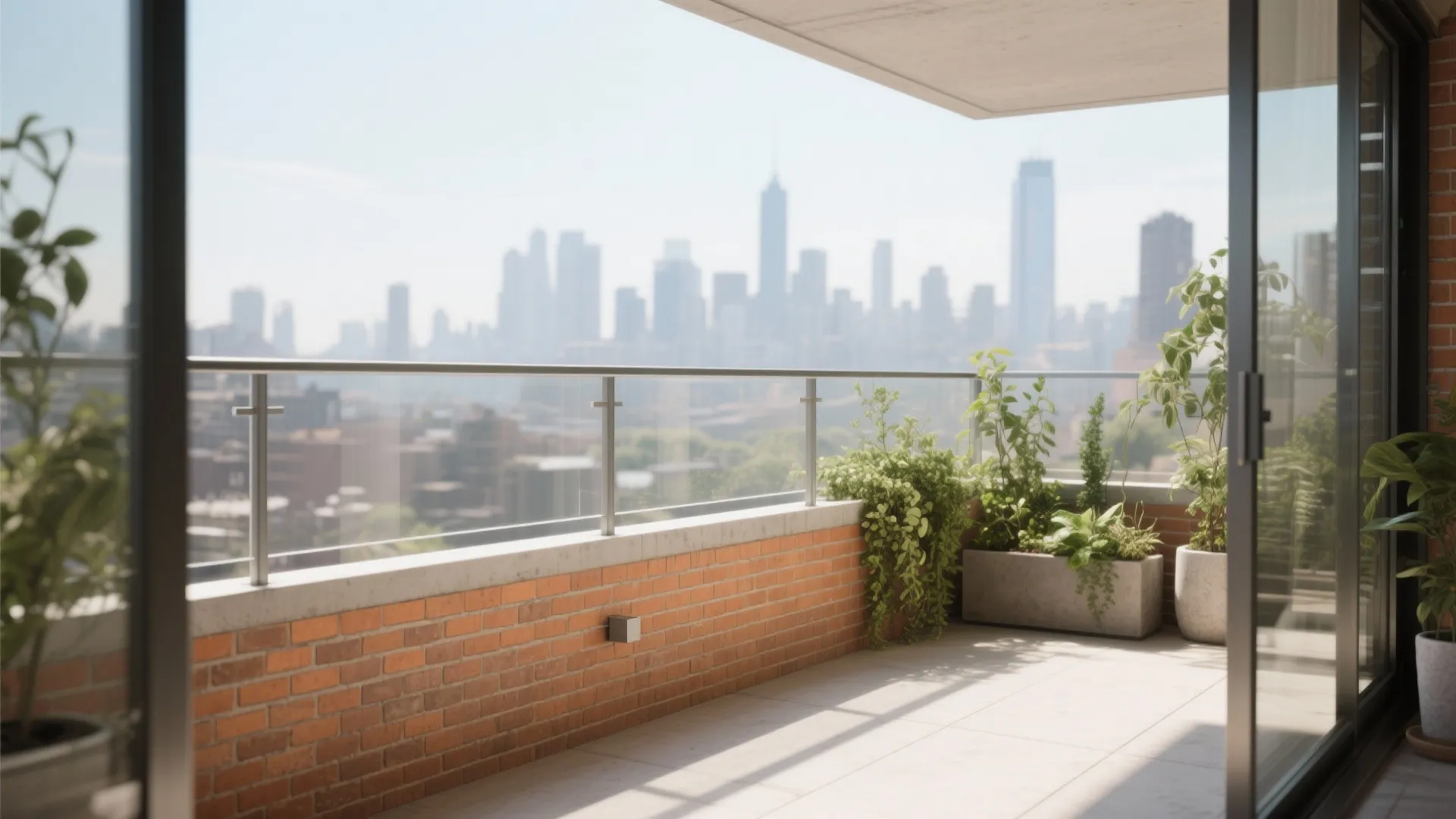 Modern balcony with red brick wall glass railing green plants and city skyline view outdoors