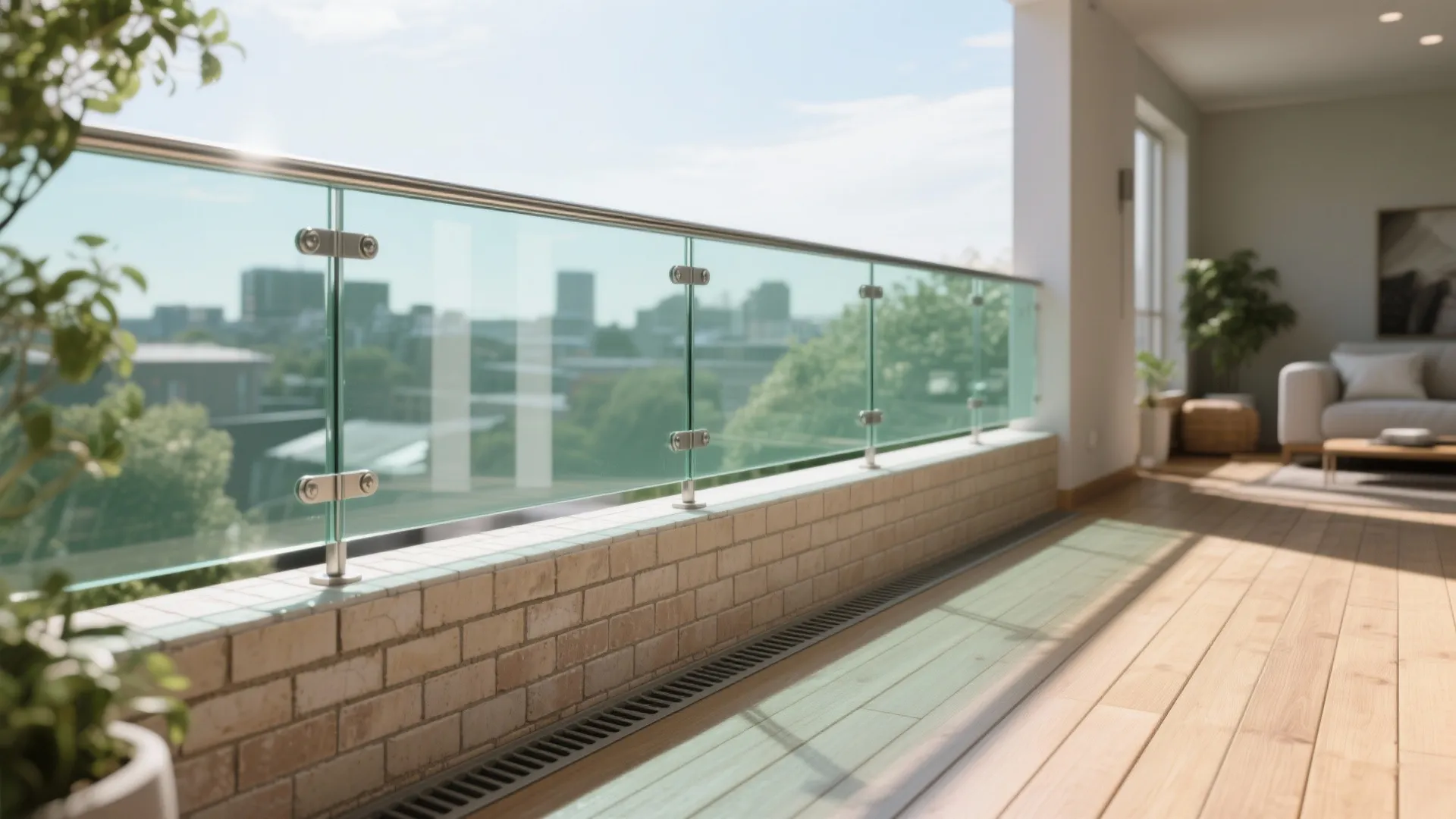 Bright balcony featuring glass railing panels on low brick wall with wooden floor and plants