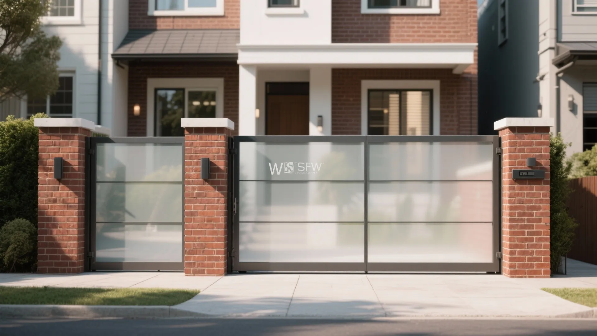Brick Piers with Frosted Glass Infill + Sliding Gate