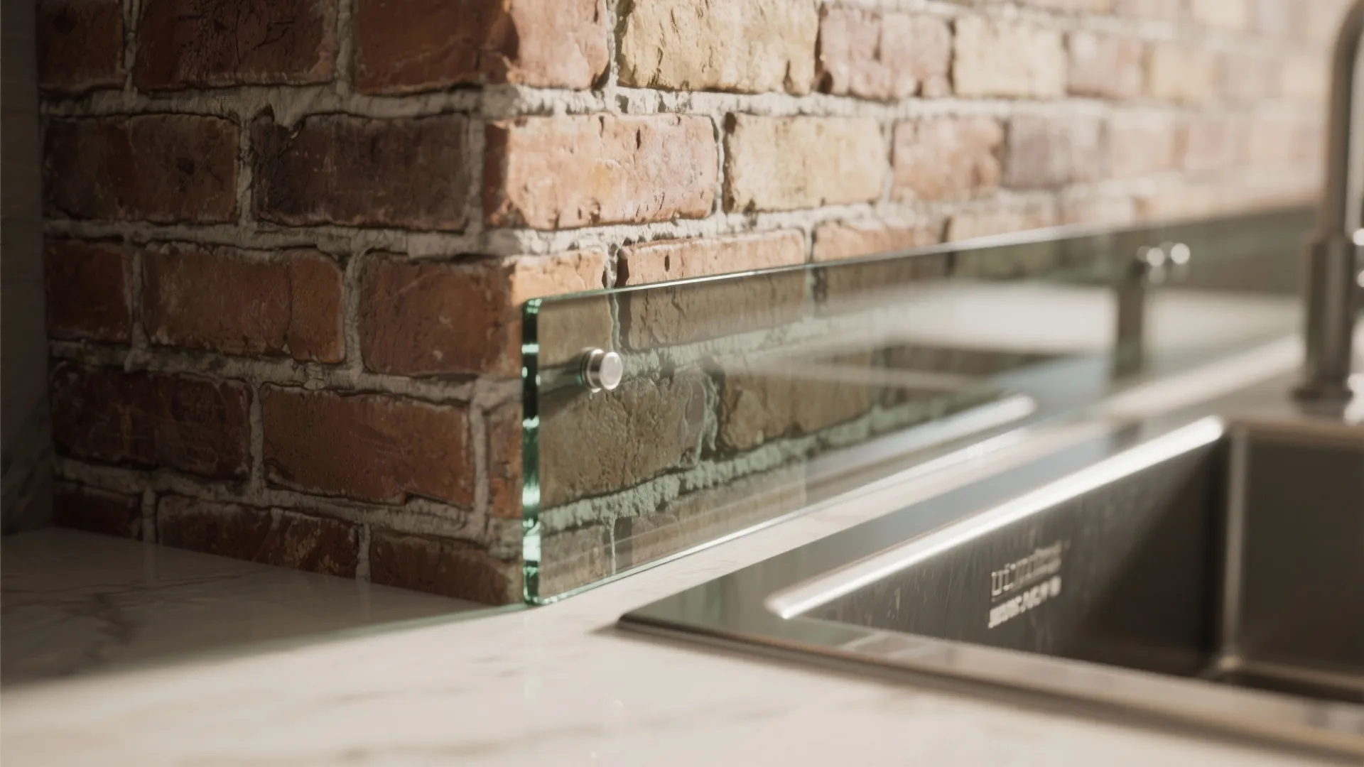 Close up of a glass splash guard installed against a red brick wall beside kitchen sink