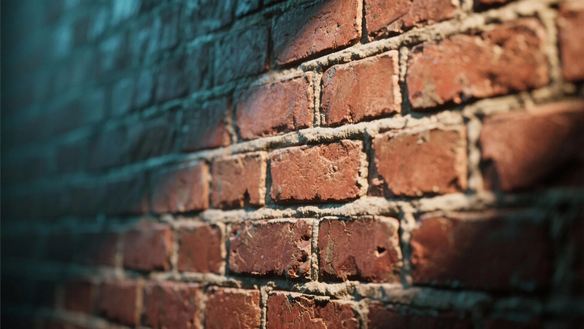 Macro of brick and mortar highlighted by narrow-beam wall grazing to show texture.