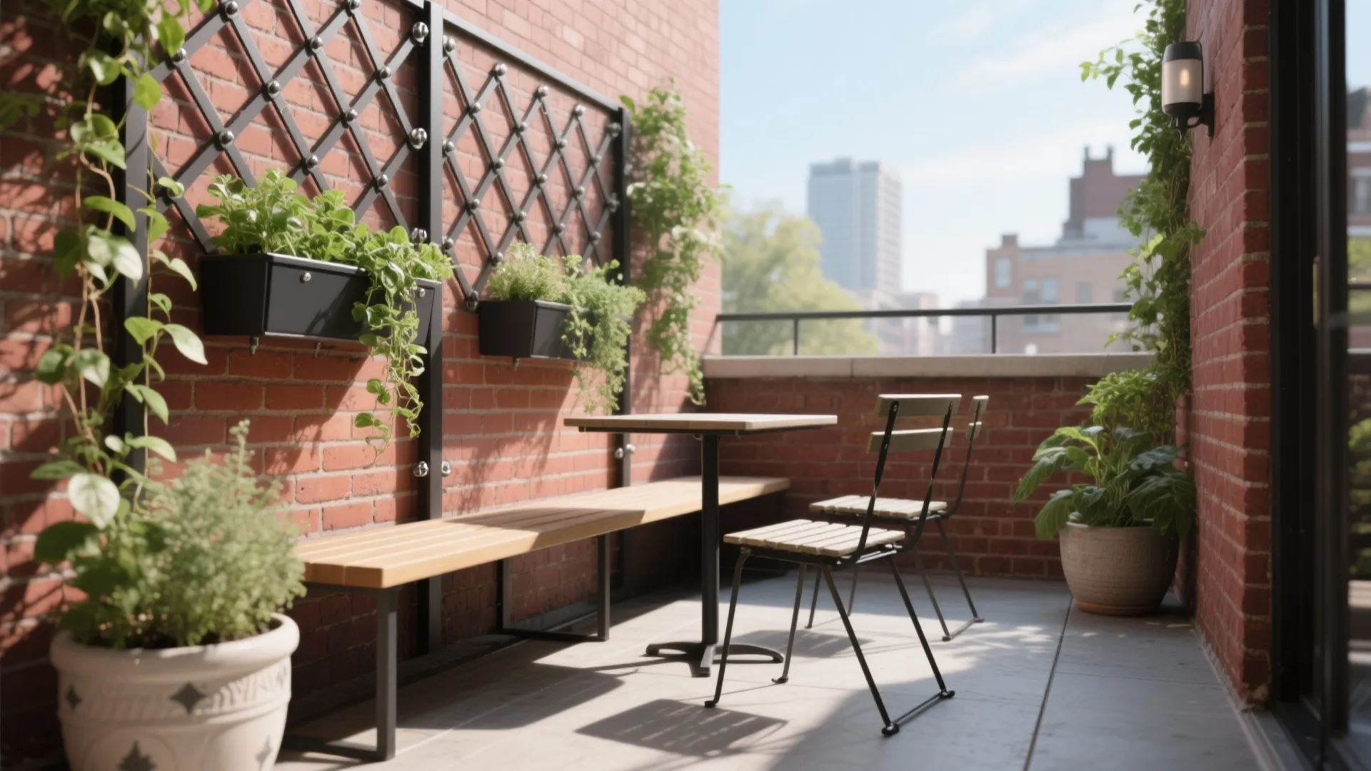 Vertical Greenery and Slim Furniture on Brick