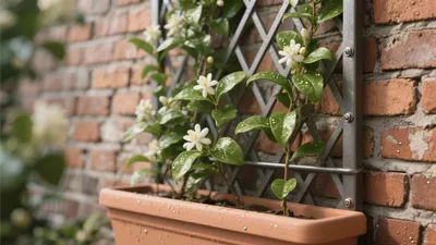 Outdoor Brick Wall Garden with Climbing White Flowers