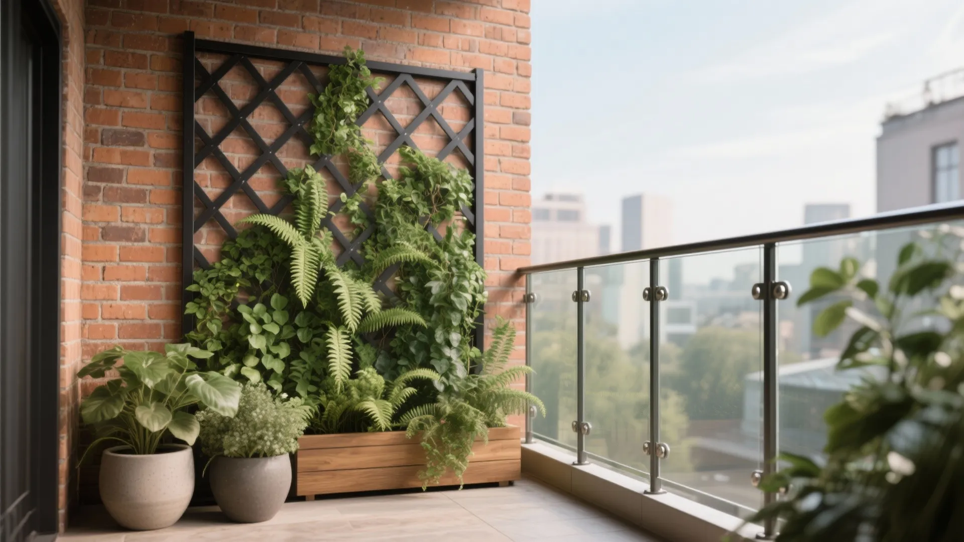 Outdoor balcony featuring a black wall grid with climbing green plants and several potted flowers