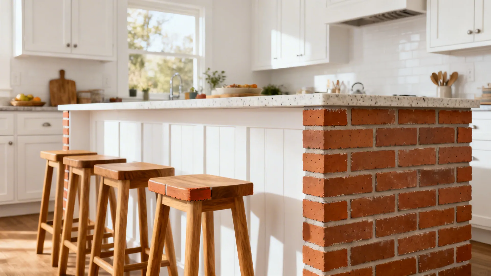 White kitchen island with matte-sealed brick tiles on the seating side and oak stools.