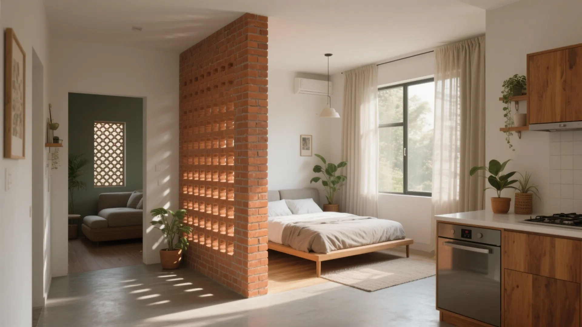Open plan studio with brick wall divider separating the bed from the kitchen and sofa