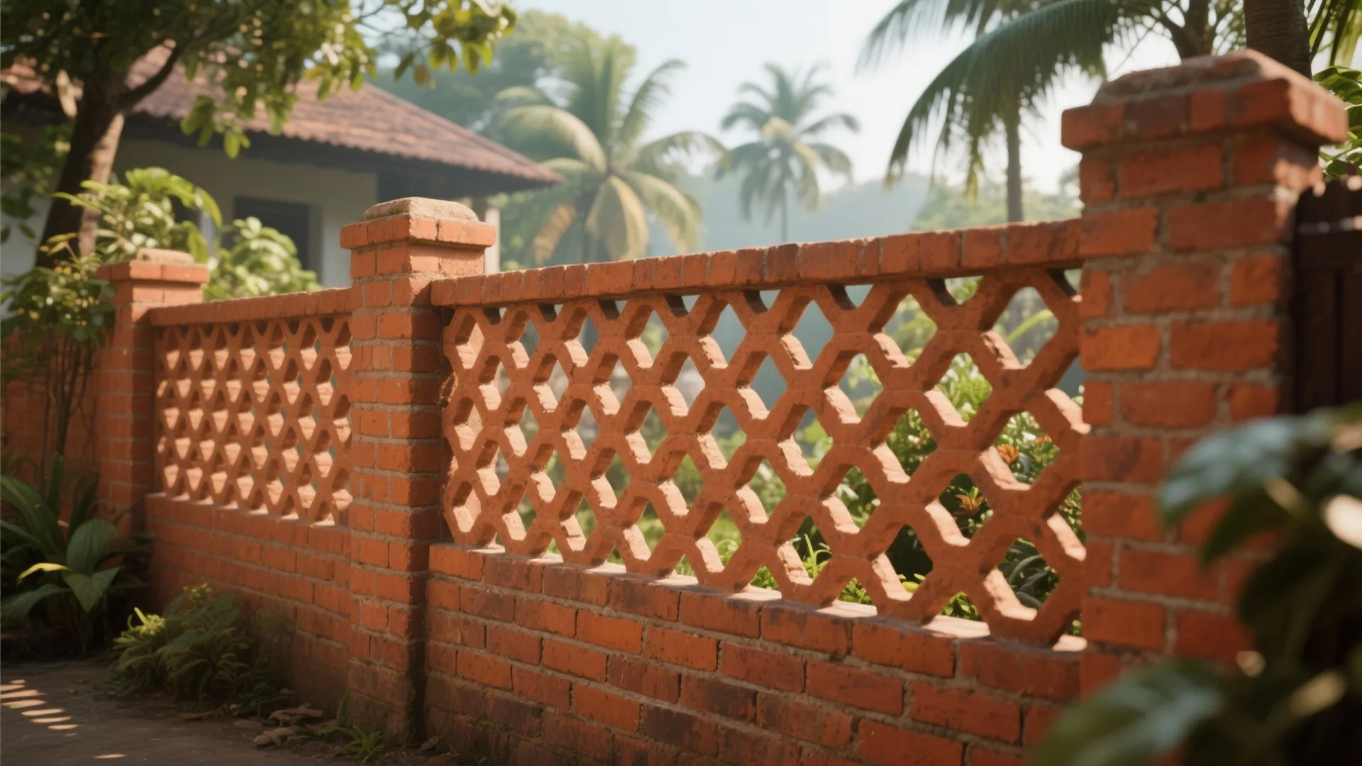 Traditional red brick garden wall with decorative lattice design pattern surrounded by green tropical plants