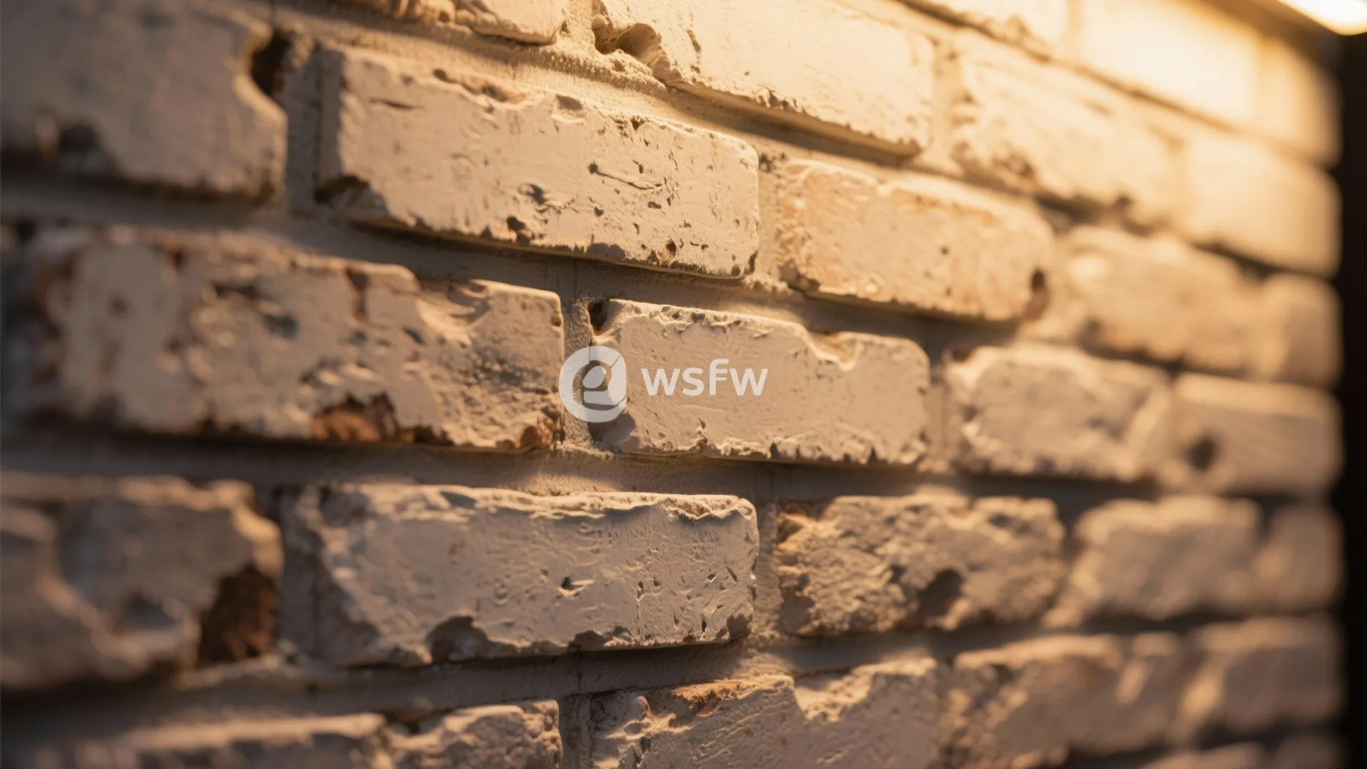 Close up shot of a textured white brick wall illuminated by warm yellow light from above