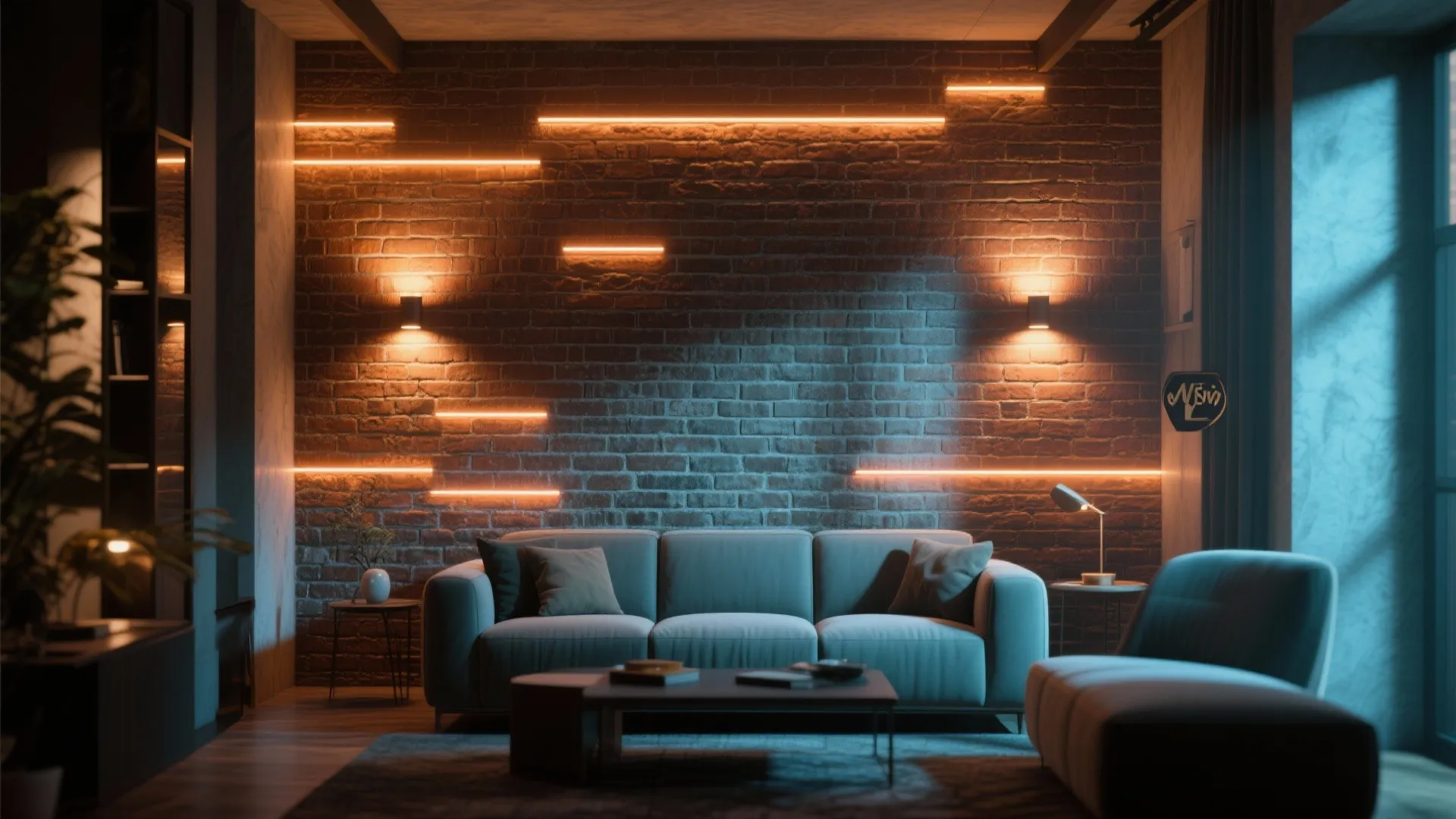 Brick wall illuminated with warm built-in LED lighting