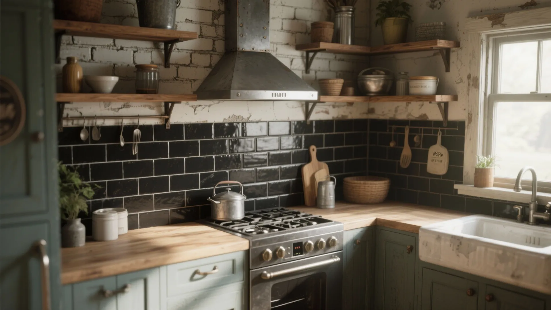 Rustic kitchen with green cabinets wood countertop black wall tiles and open shelves near white window
