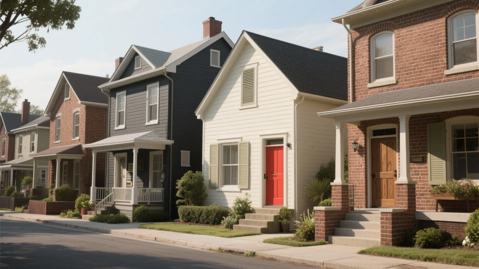 Street view of colorful suburban houses with red brick and white wood siding under clear sky