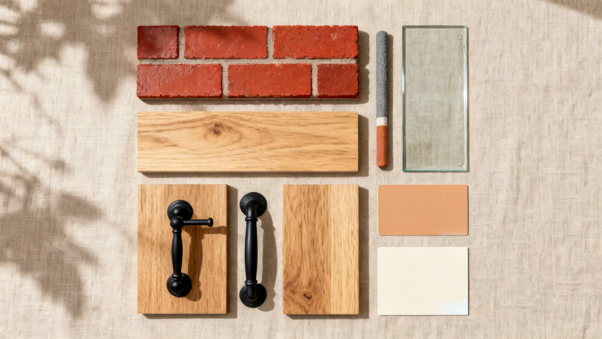 Top-down flat lay of red brick tiles, oak wood, matte black hardware, grout, glass, and paint chips.