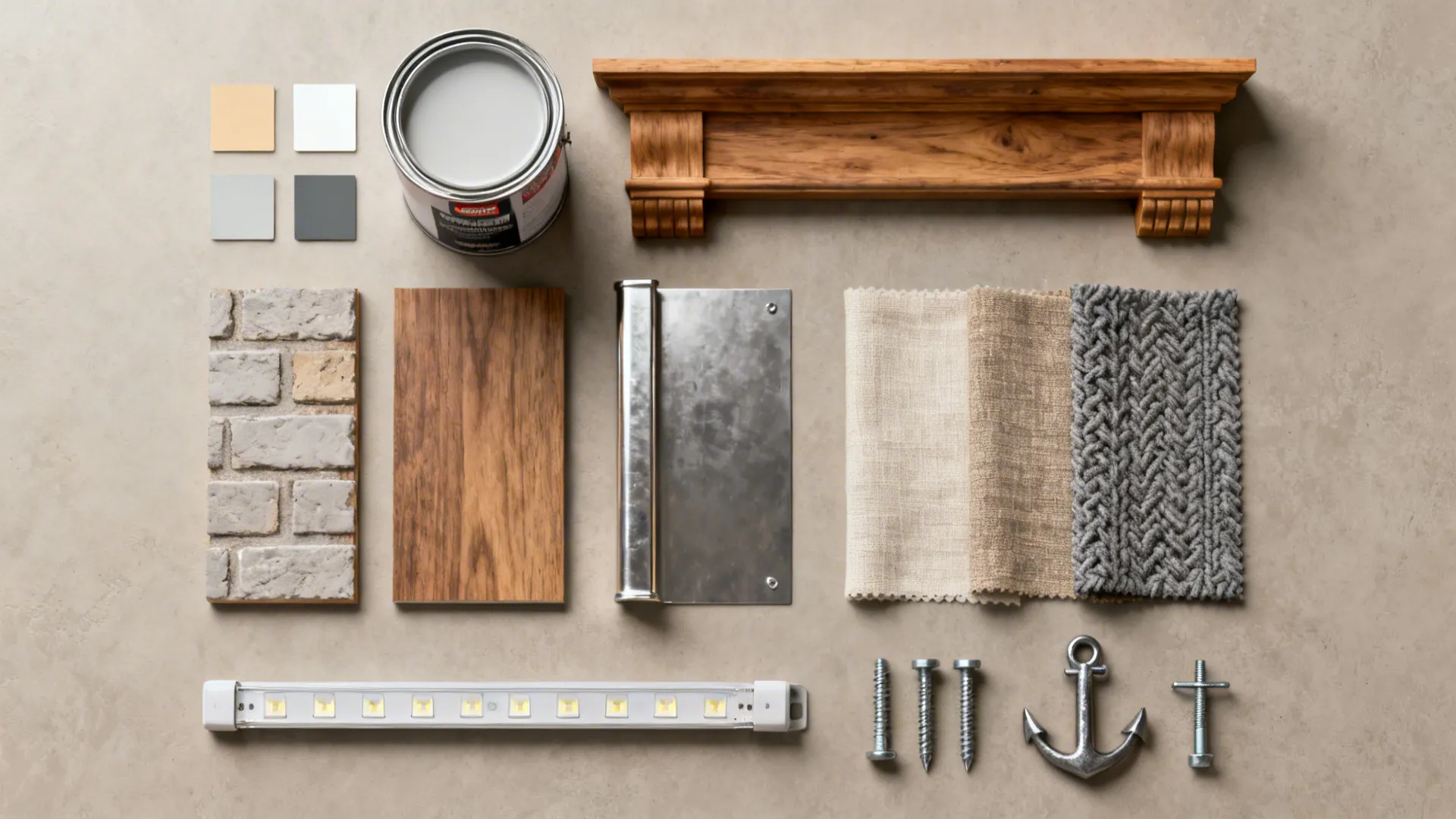 Top-down material flatlay of paint chips, fabric swatches, mantel samples and LED strip light for fireplace projects.