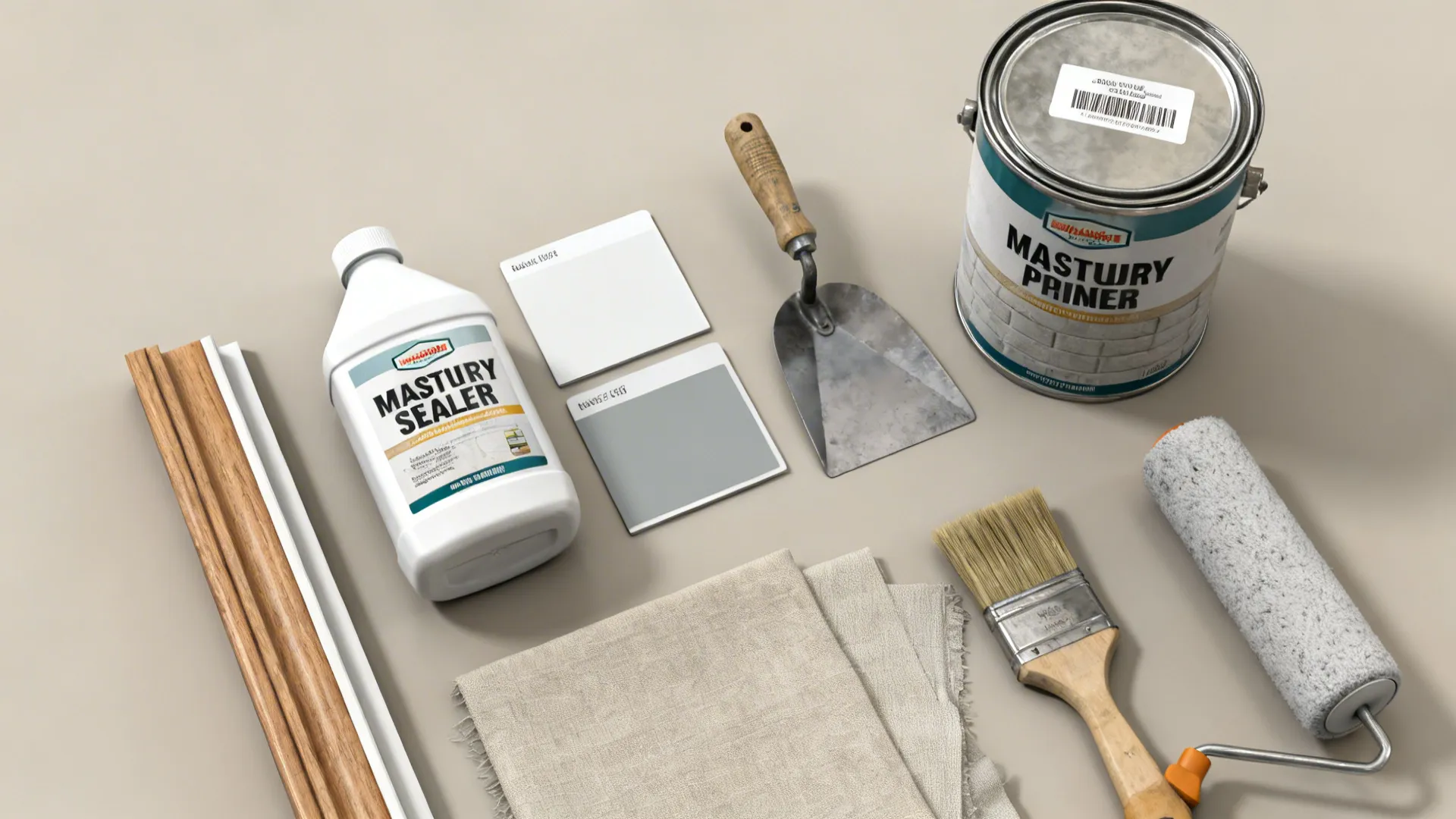 Flatlay of masonry sealer, paint swatches and tools for treating brick walls.