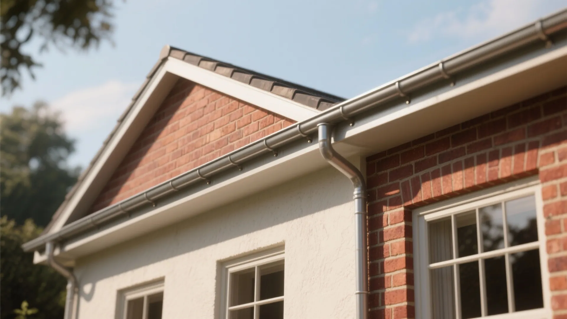 Red brick and white wall house exterior with metal water drainage pipes and clear windows