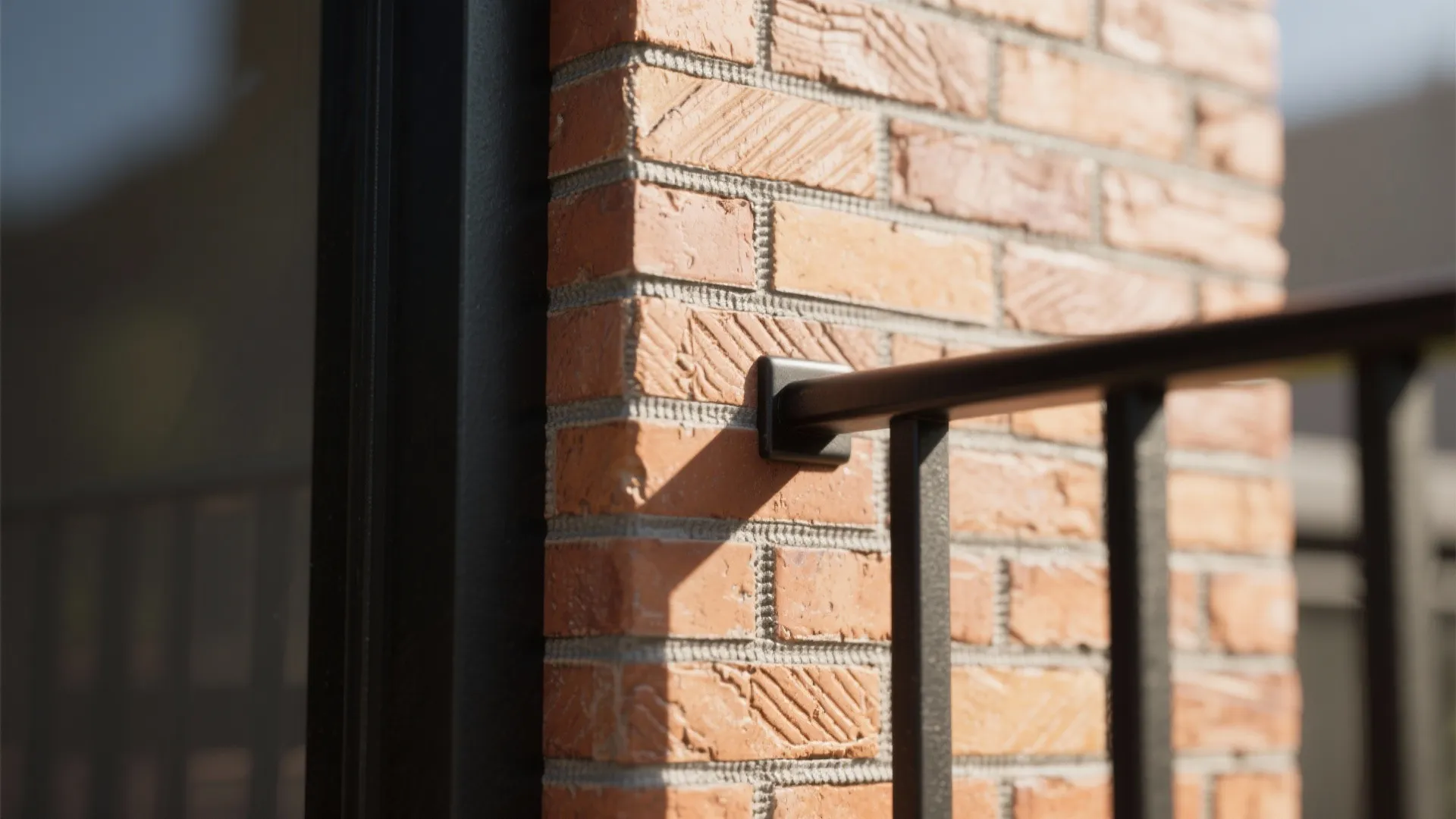 Macro of wire-cut brick texture beside matte-black steel baluster under soft light
