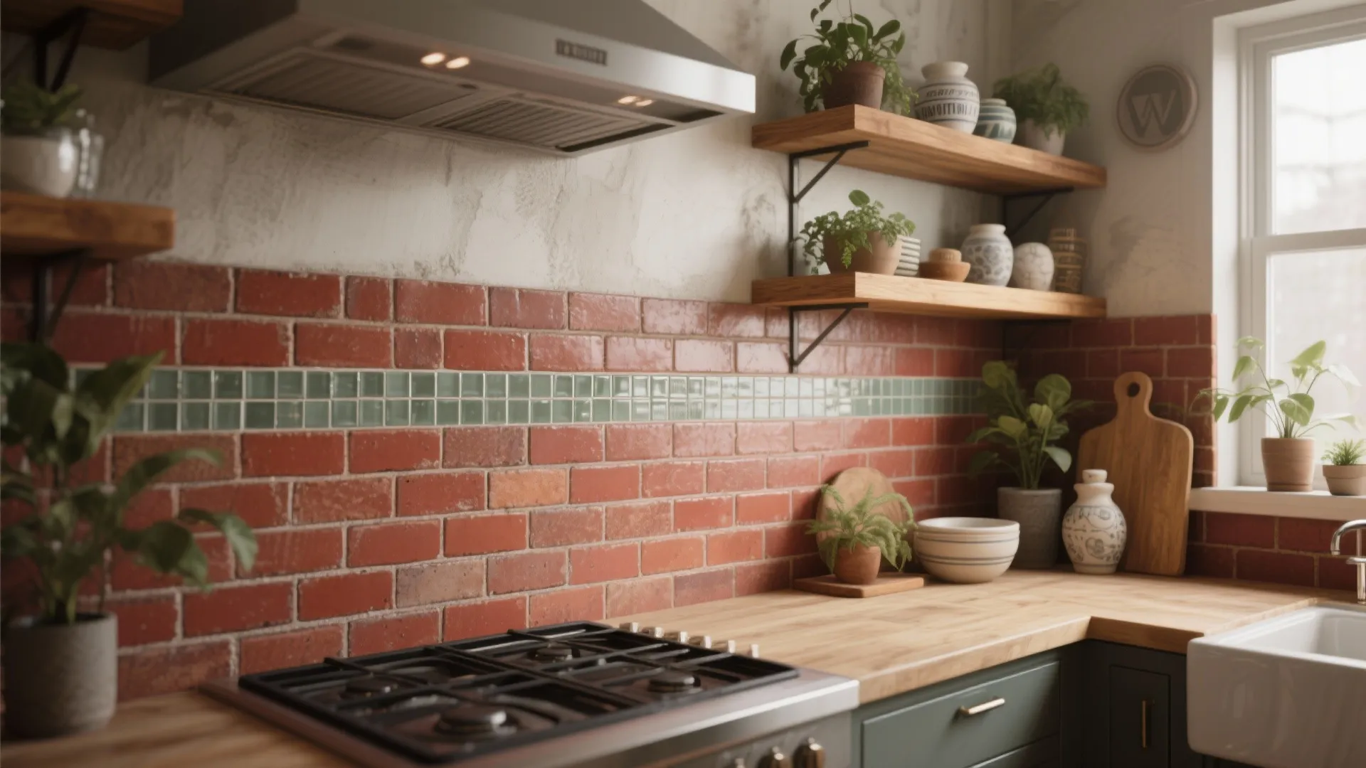 5. Mixed materials — brick plus tile or shelves