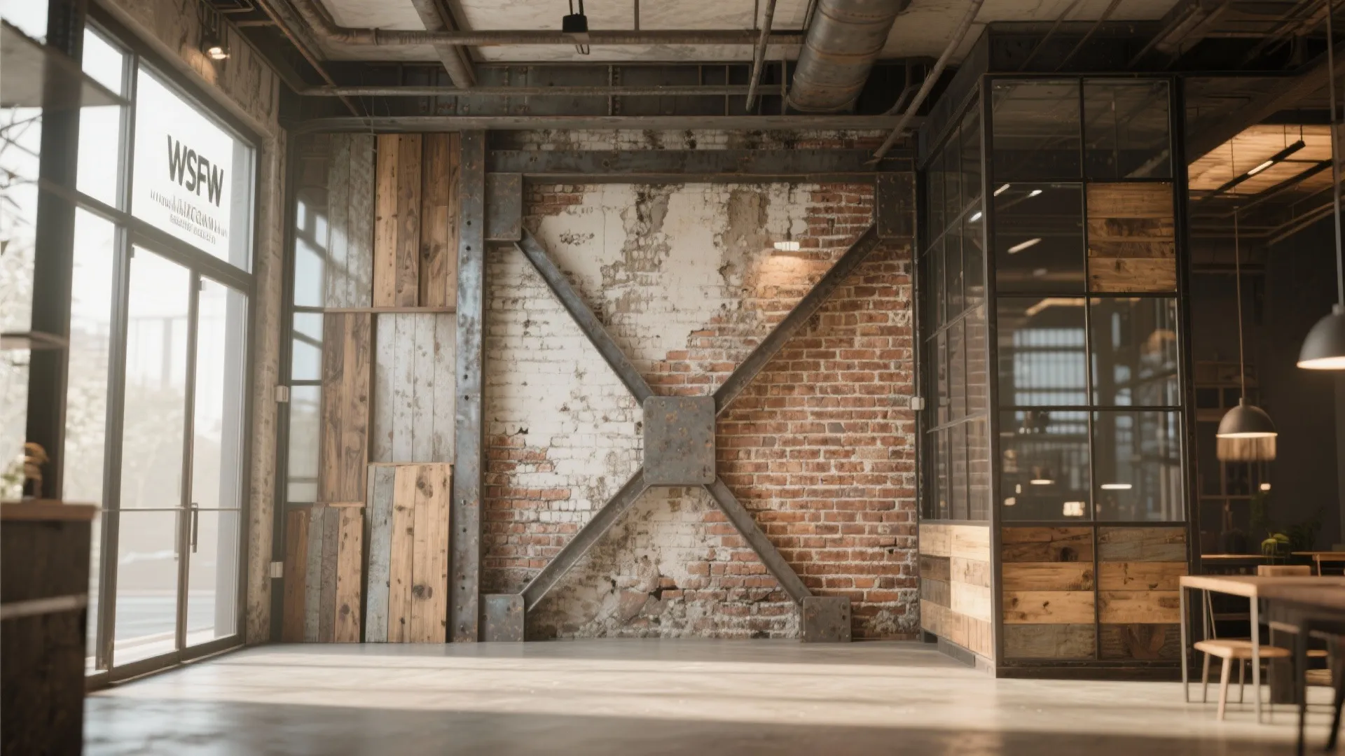 Brick wall integrated with steel, glass, and reclaimed wood