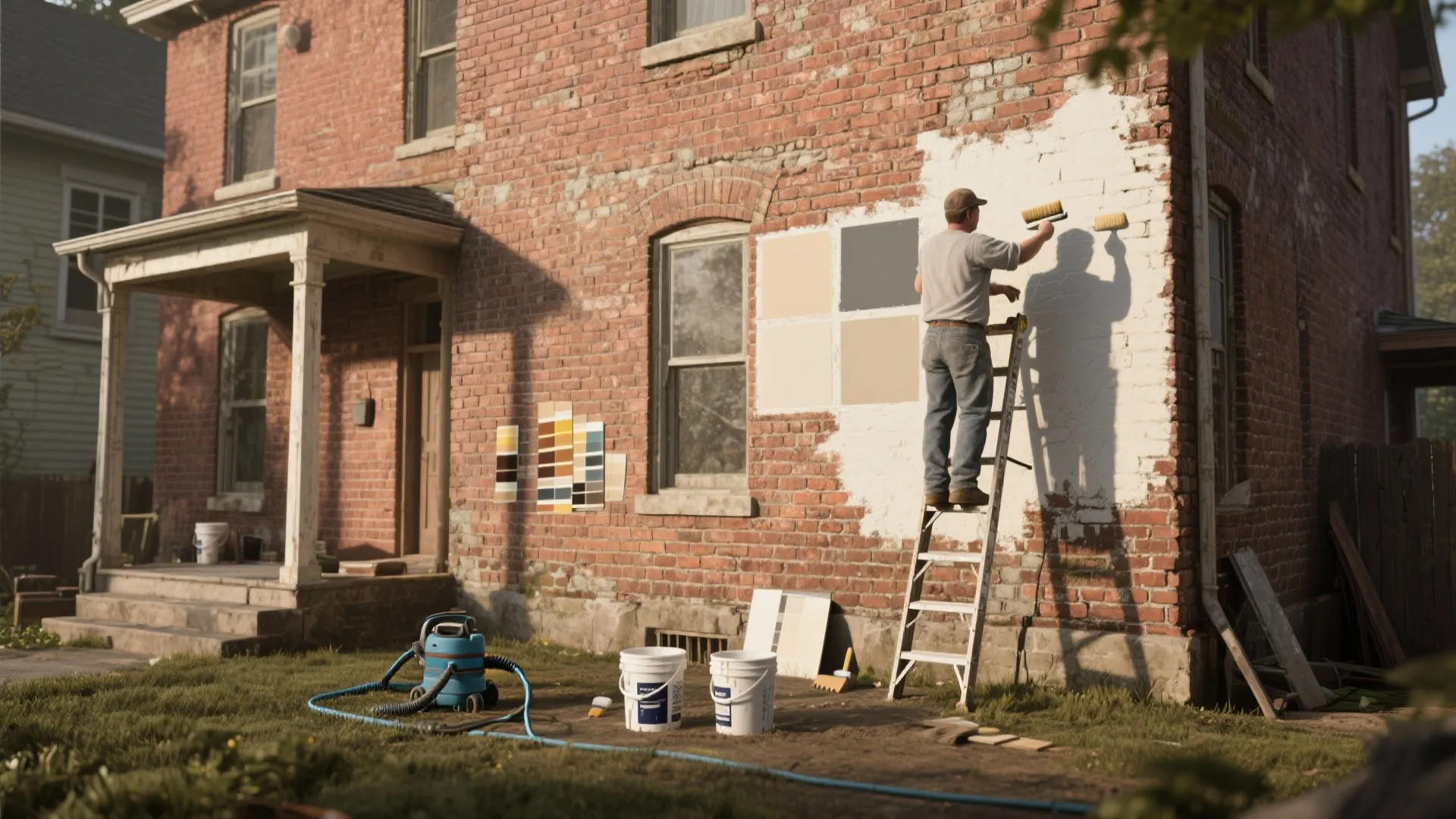 Man on ladder painting red brick house wall white with roller and paint buckets nearby outside