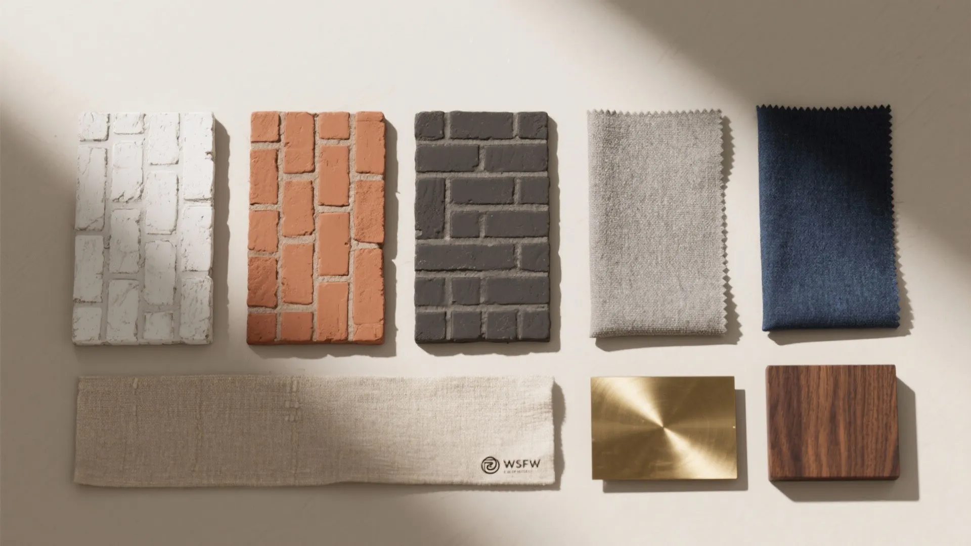 Material palette showing brick samples fabric swatches metal plate and wood block for interior design project