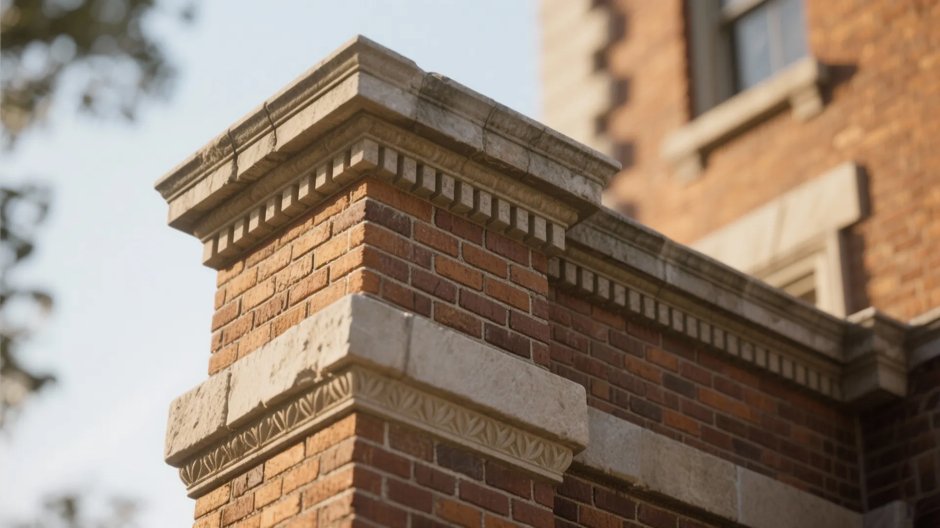 Close up view of a red brick wall corner with decorative stone top and trim